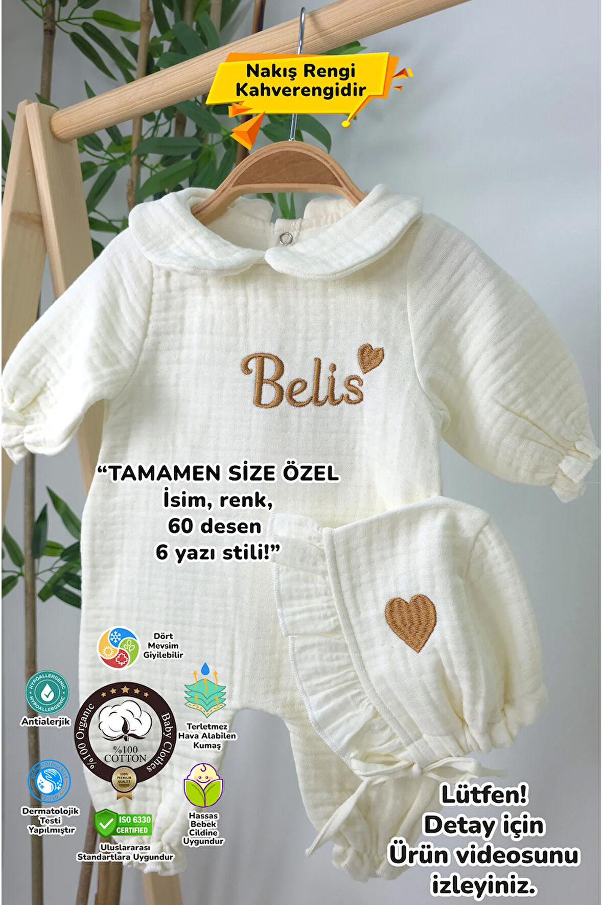 Müslin Yeni Doğan 4Katlı Organik %100Pamuk Kişiye Özgü Nakışlı Hastane Çıkış Seti-Kahverengi Kalpli