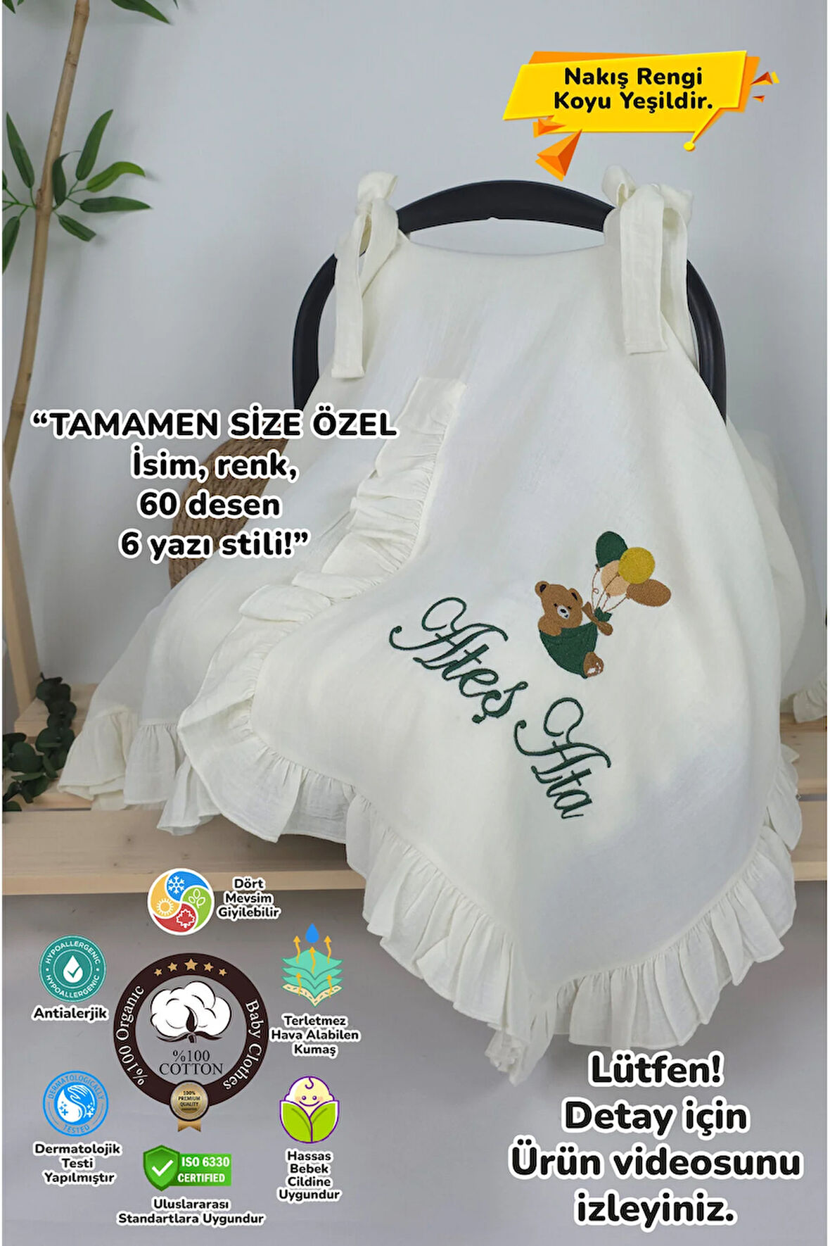 Müslin Yeni Doğan 4Katlı Organik %100Pamuk Kişiye Özgü Nakışlı Hastane Çıkış Seti-Yeşil Ayıcık Balon