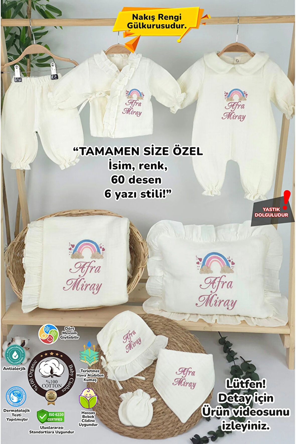 Müslin Yeni Doğan 4 Katlı Organik %100Pamuk Kişiye Özgü Nakışlı Hastane Çıkış Seti-Pudra Gökkuşağı