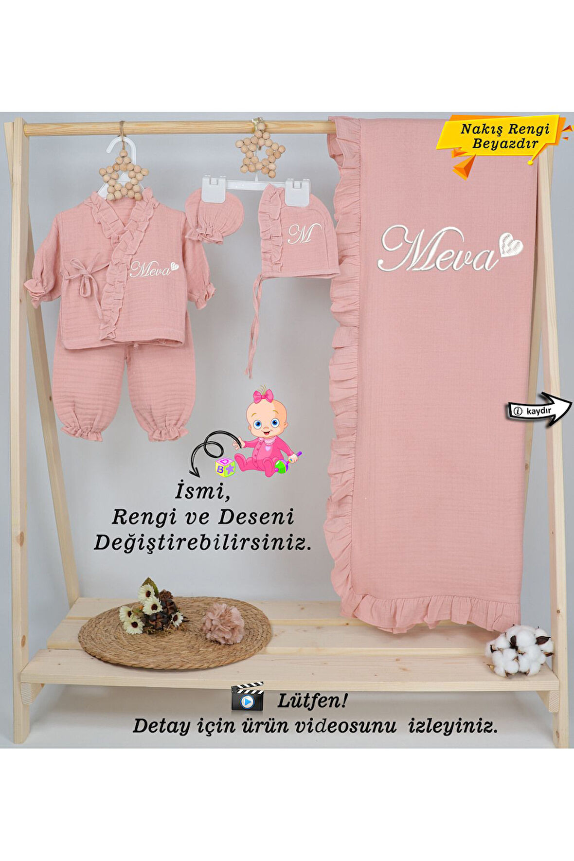 4 Katlı Müslin 5'li Kimono Bağcıklı Tulum %100Pamuk Hastane Çıkışı(Kişiye Özgü İsimli Nakış Desenli)