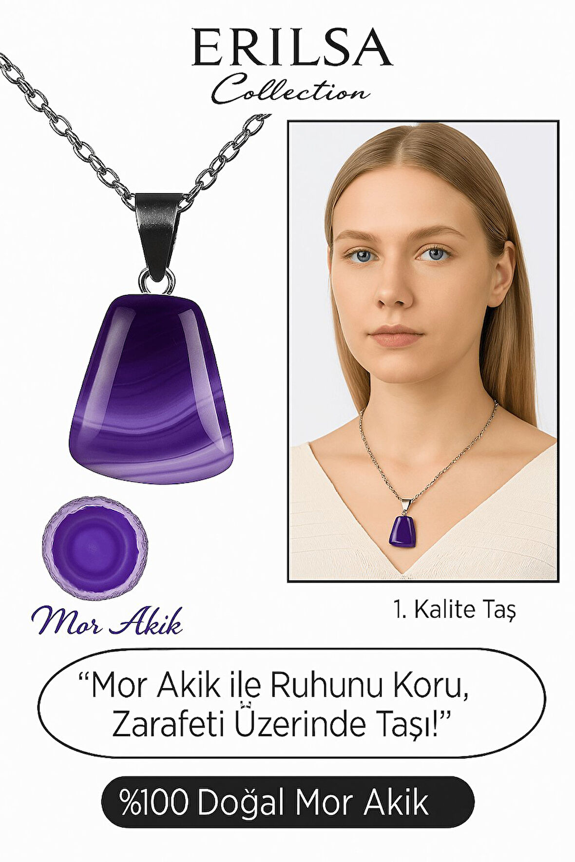 Sertifikalı AAA+ Mor Akik Taşı Kolye – Beşgen Model, Gümüş Aparatlı