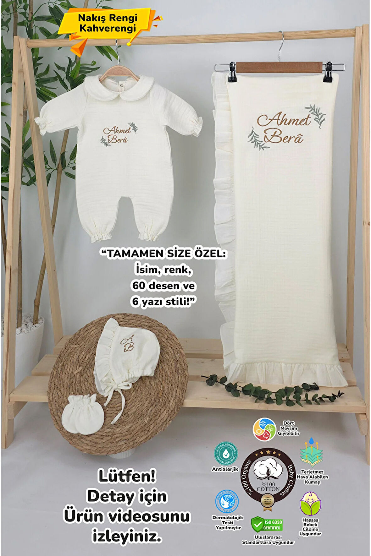 Müslin Yeni Doğan 4Katlı Organik %100Pamuk Kişiye Özgü Nakışlı Hastane Çıkış Seti (Dal Modell-2)