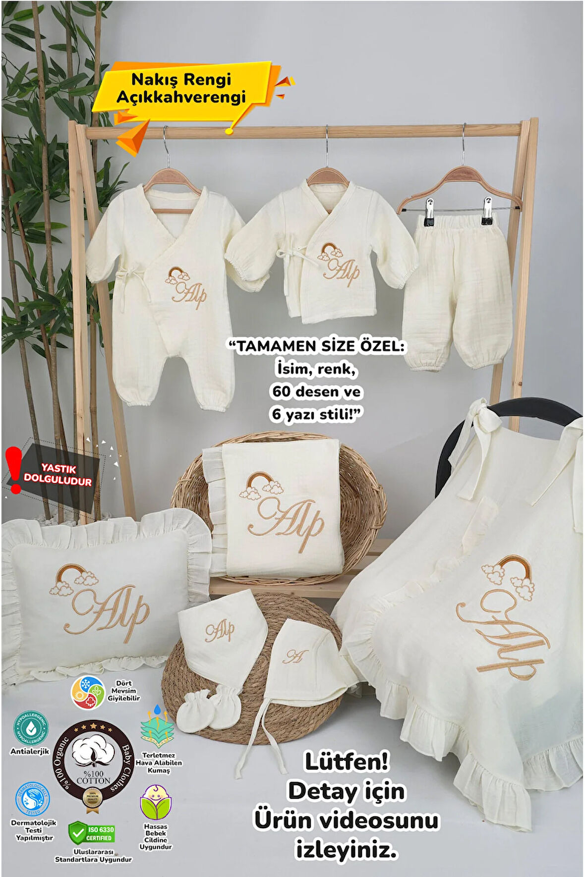 Müslin Yeni Doğan 4Katlı Organik %100Pamuk Kişiye Özgü Nakışlı Hastane Çıkış Seti (Gökkuşağı Model2)