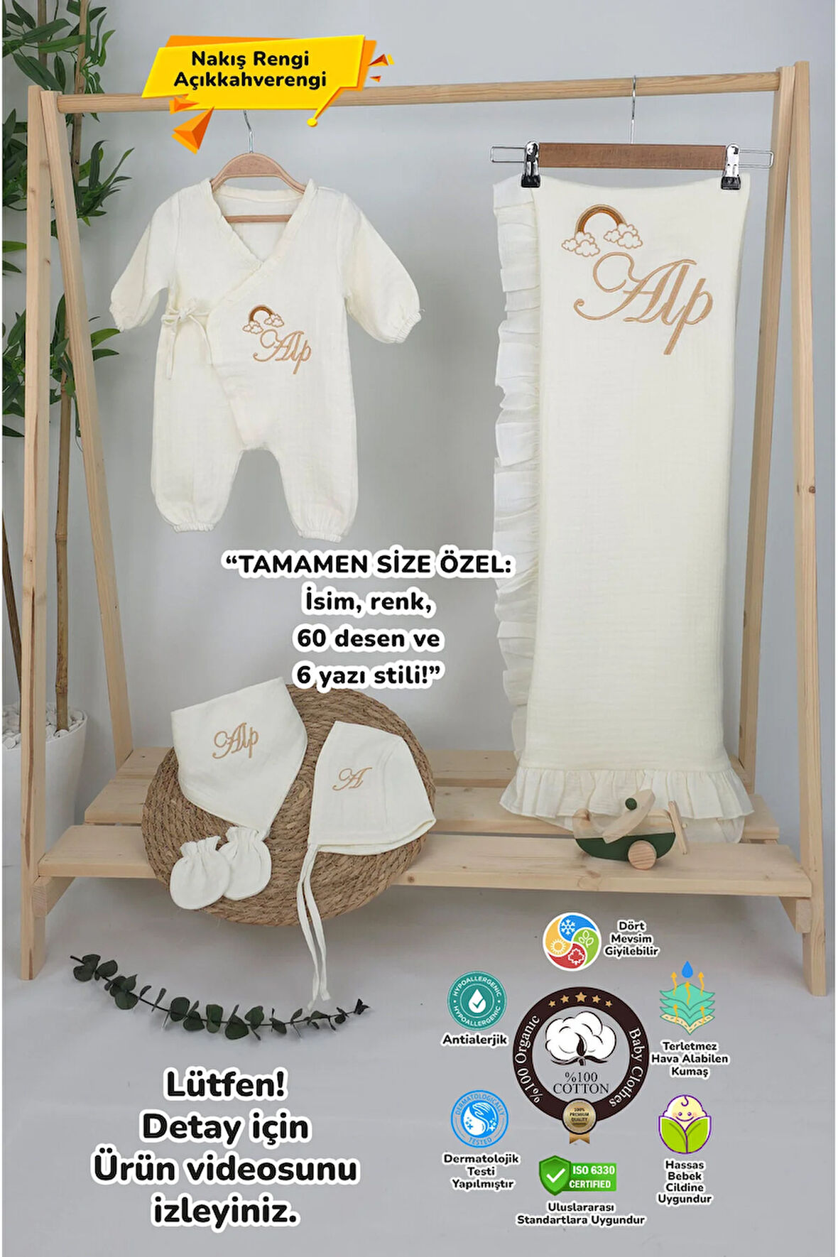 Müslin Yeni Doğan 4Katlı Organik %100Pamuk Kişiye Özgü Nakışlı Hastane Çıkış Seti (Gökkuşağı Model2)