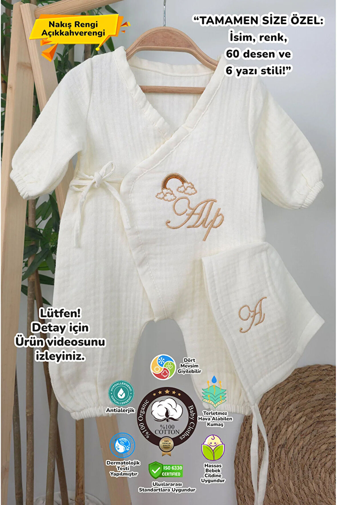 Müslin Yeni Doğan 4Katlı Organik %100Pamuk Kişiye Özgü Nakışlı Hastane Çıkış Seti (Gökkuşağı Model2)