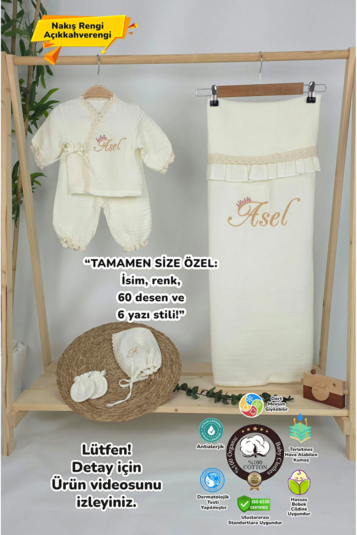 Müslin Yeni Doğan 4Katlı Organik %100Pamuk Kişiye Özgü Nakışlı Hastane Çıkış Seti (Papatya Model-2)