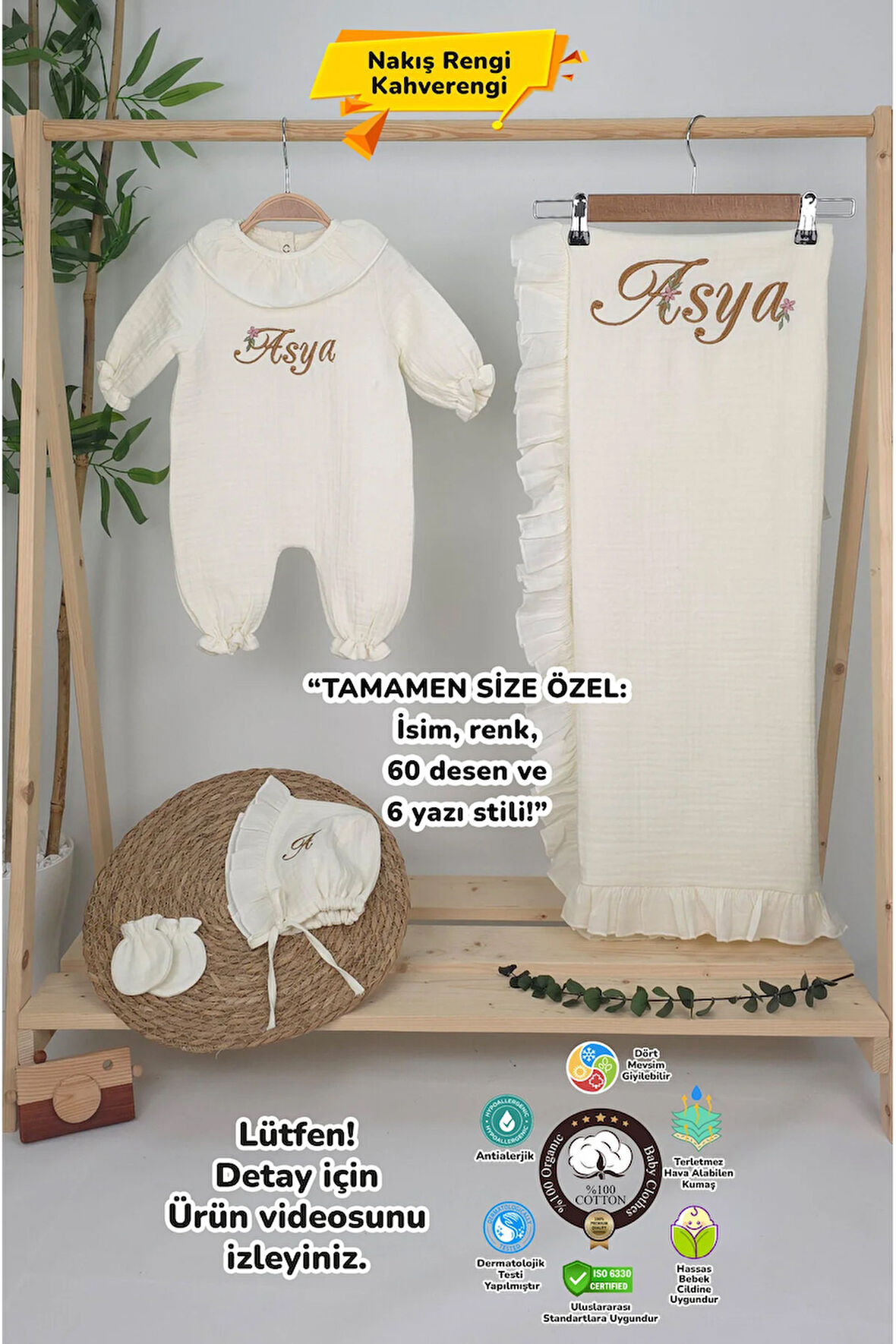 Müslin Yeni Doğan 4Katlı Organik %100Pamuk Kişiye Özgü Nakışlı Hastane Çıkış Seti(Papatya Model-4)