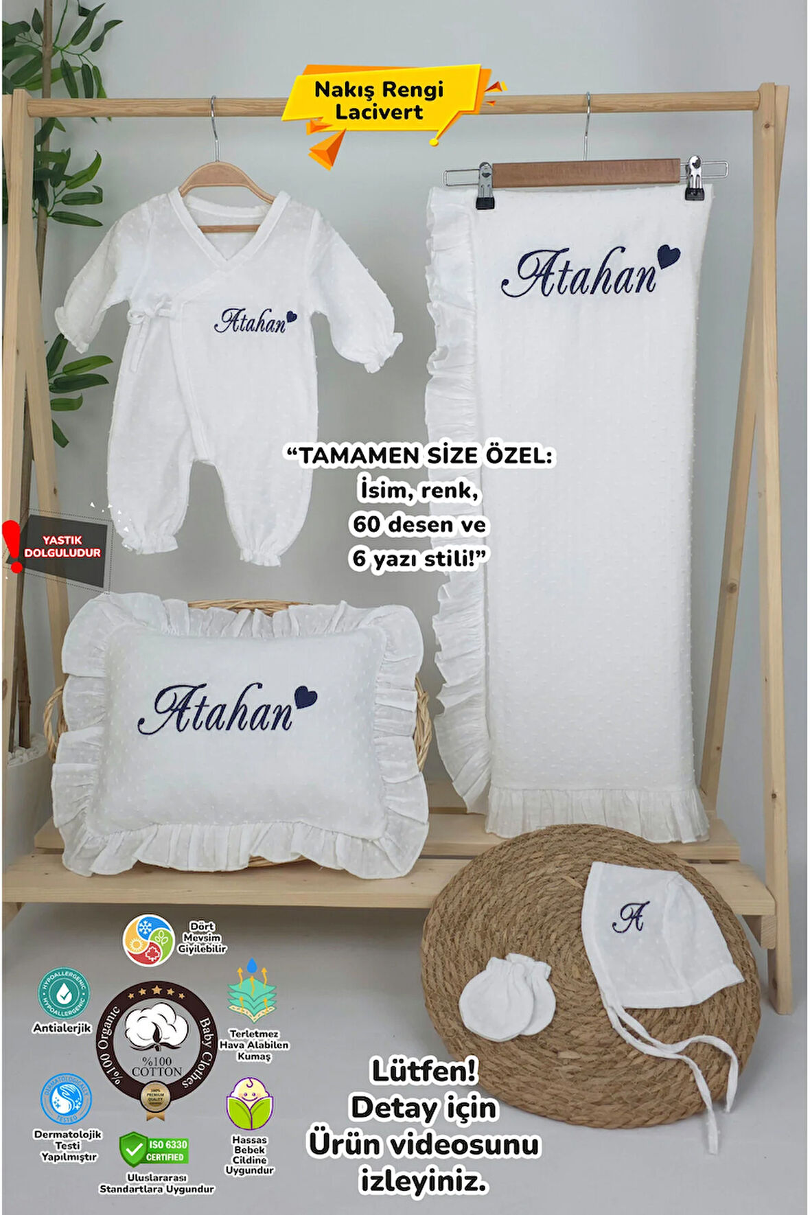 Müslin Yeni Doğan 2Katlı Organik %100Pamuk Kişiye Özgü Nakışlı Hastane Çıkış Seti (Kalpli Model-2)