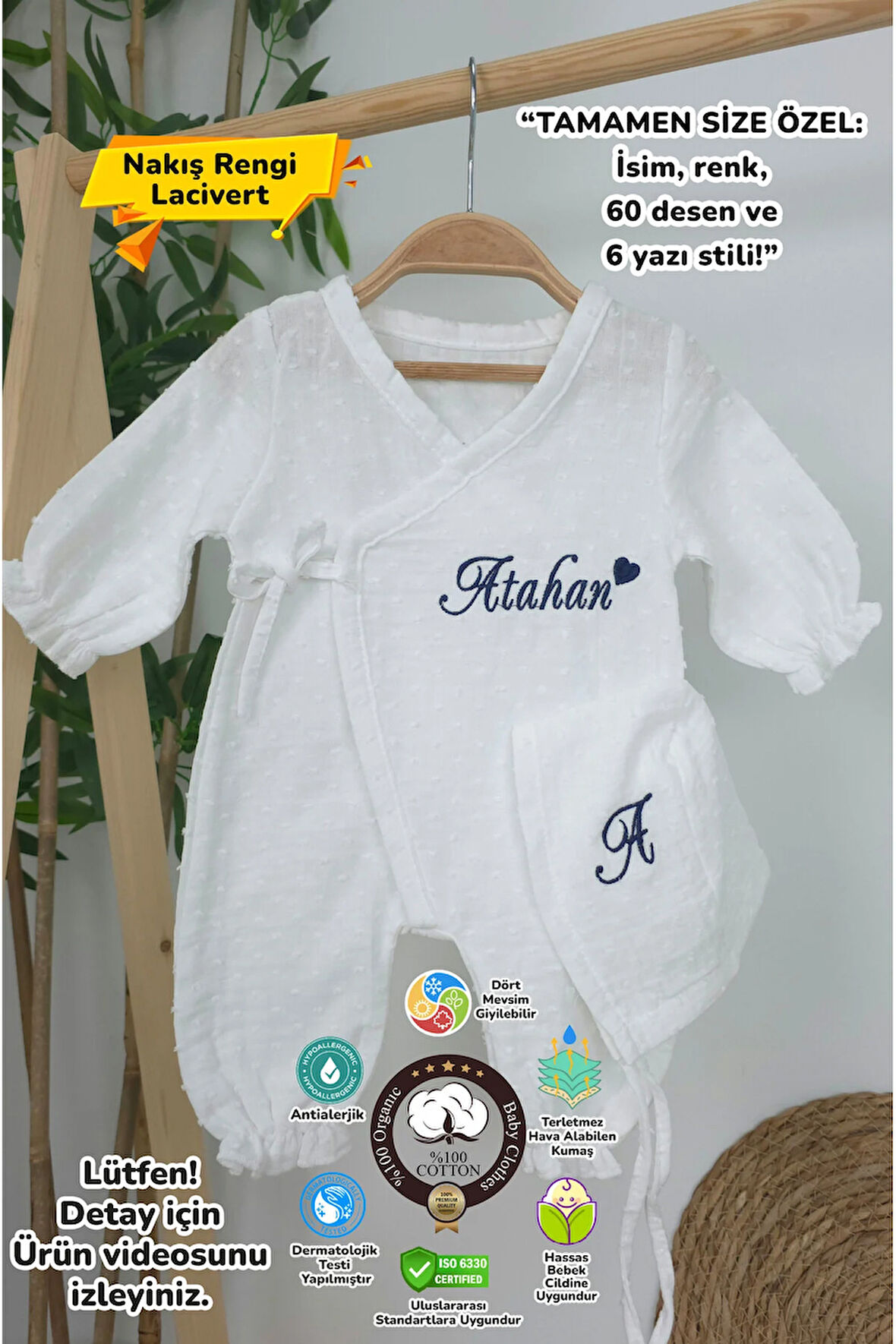 Müslin Yeni Doğan 2Katlı Organik %100Pamuk Kişiye Özgü Nakışlı Hastane Çıkış Seti (Kalpli Model-2)