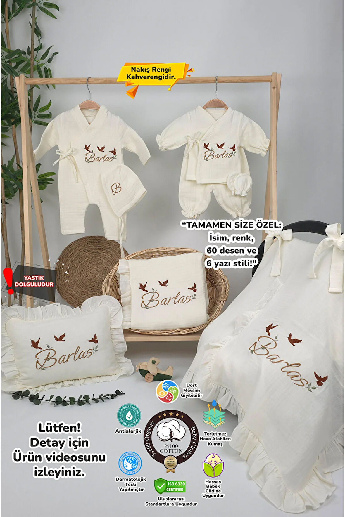 Müslin Yeni Doğan 4Katlı Organik %100Pamuk Kişiye Özgü Nakışlı Hastane Çıkış Seti(3'lü Kelebk Model)