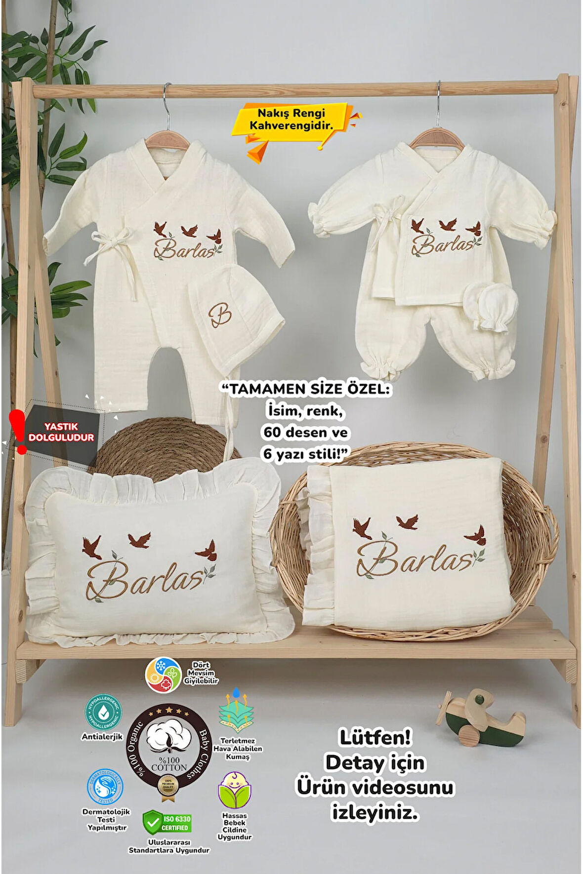 Müslin Yeni Doğan 4Katlı Organik %100Pamuk Kişiye Özgü Nakışlı Hastane Çıkış Seti(3'lü Kelebk Model)