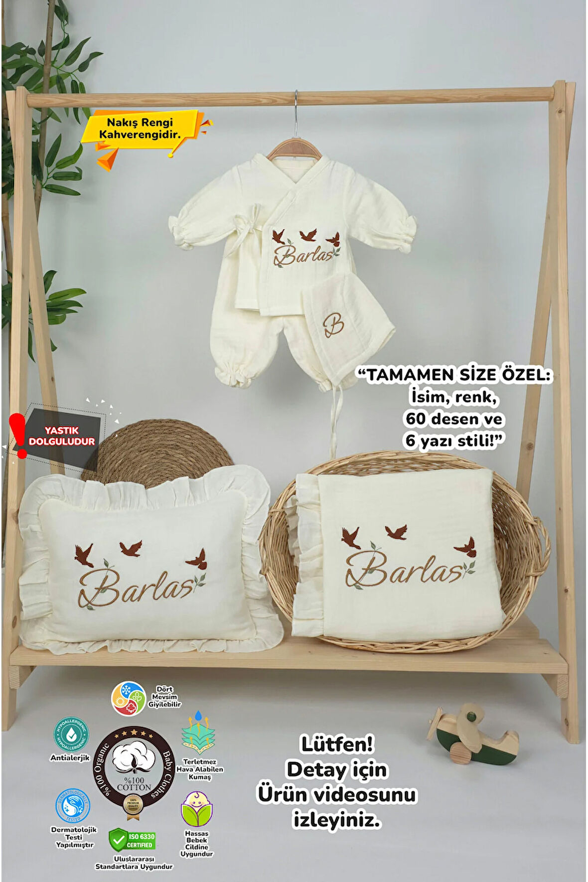 Müslin Yeni Doğan 4Katlı Organik %100Pamuk Kişiye Özgü Nakışlı Hastane Çıkış Seti(3'lü Kelebk Model)