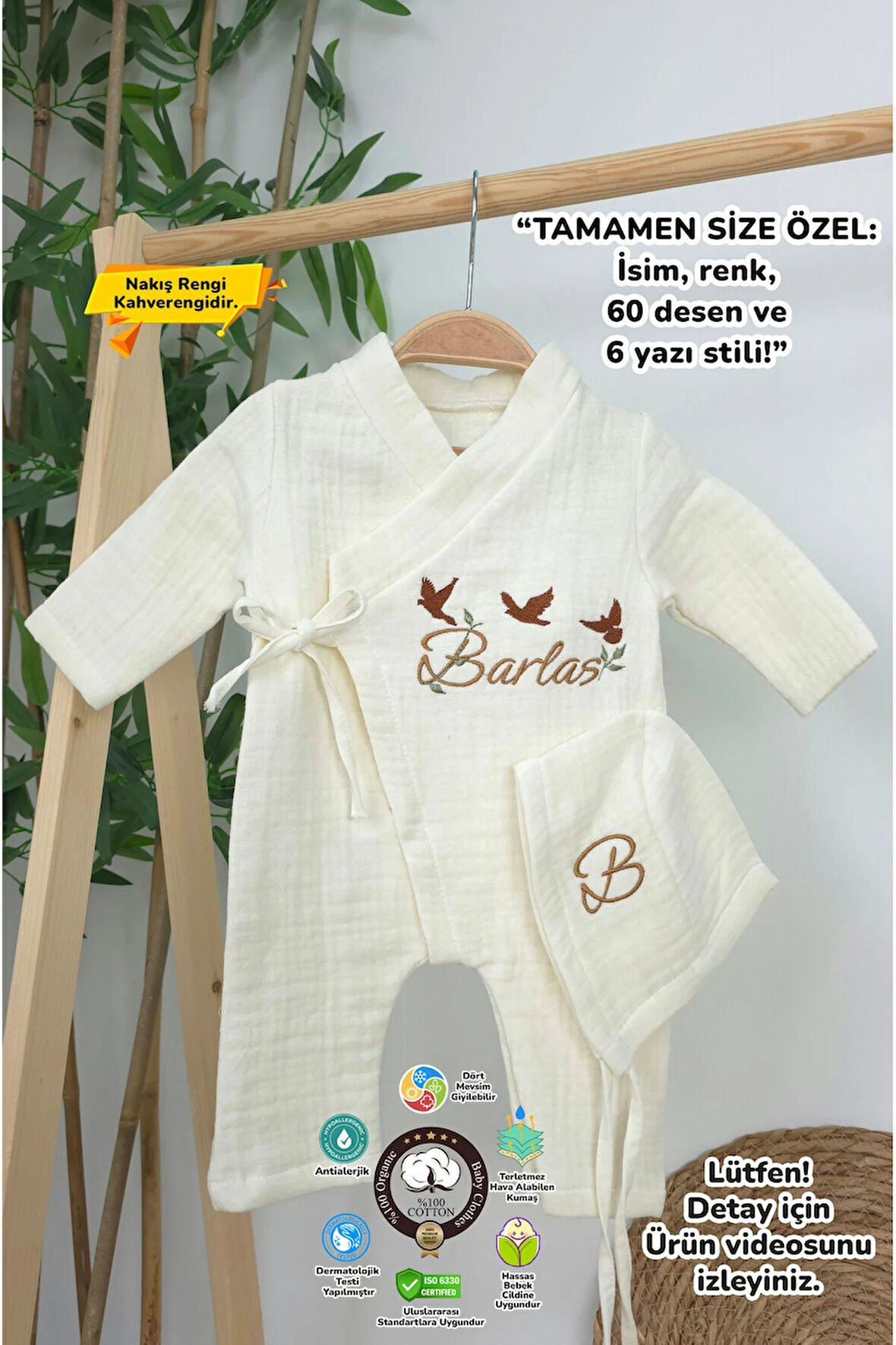 Müslin Yeni Doğan 4Katlı Organik %100Pamuk Kişiye Özgü Nakışlı Hastane Çıkış Seti(3'lü Kelebk Model)