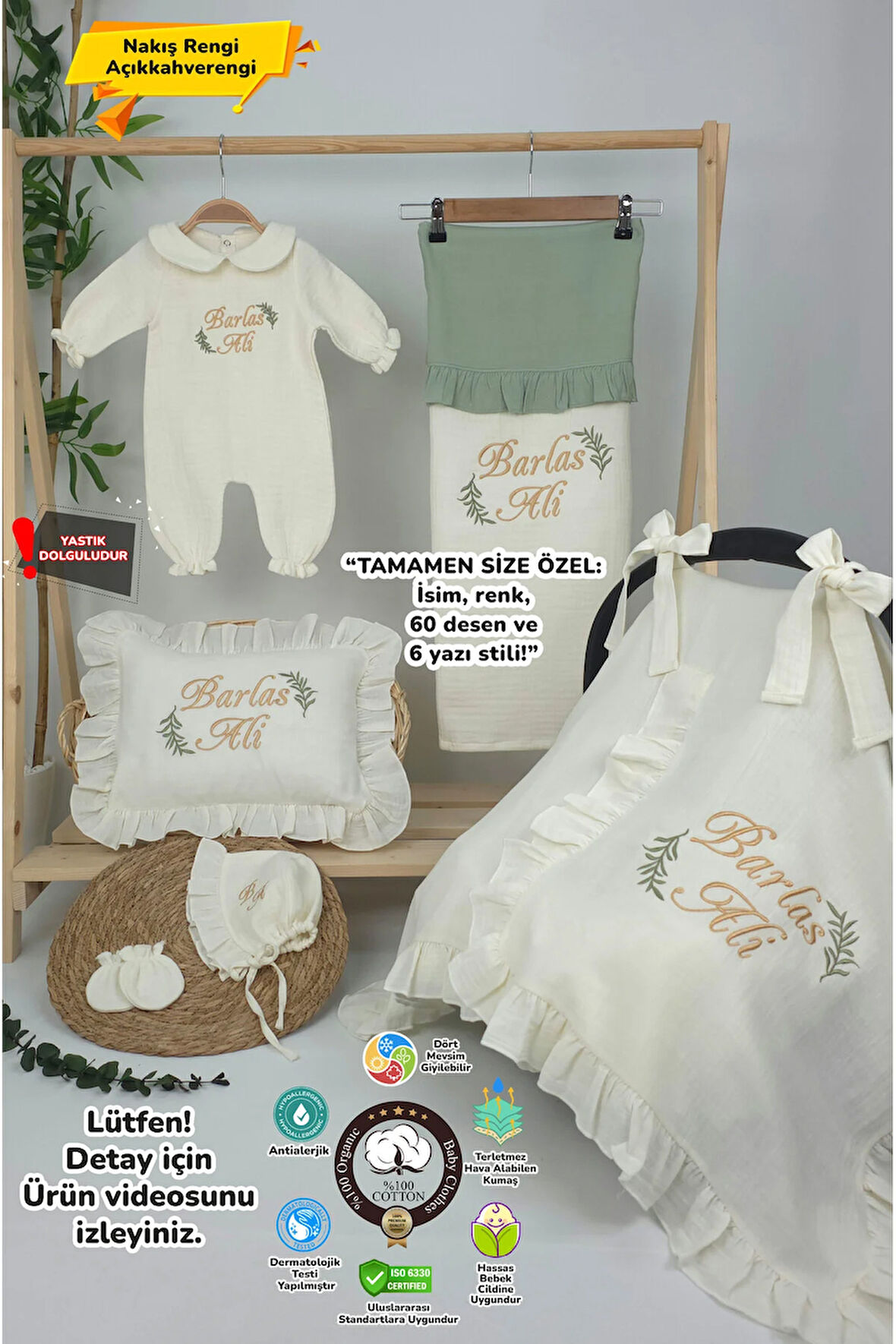 Müslin Yeni Doğan 4Katlı Organik %100Pamuk Kişiye Özgü Nakışlı Hastane Çıkış Seti (İki Dal Model-1)