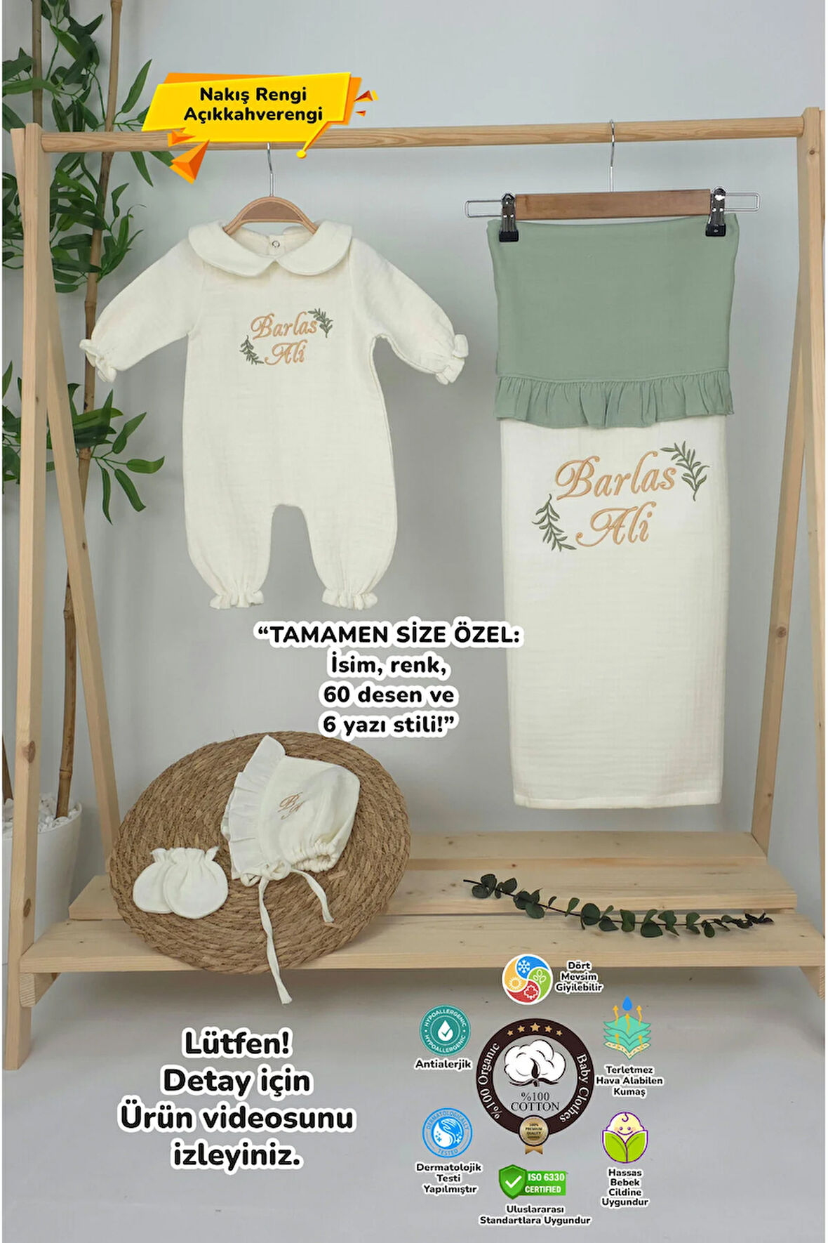 Müslin Yeni Doğan 4Katlı Organik %100Pamuk Kişiye Özgü Nakışlı Hastane Çıkış Seti (İki Dal Model-1)