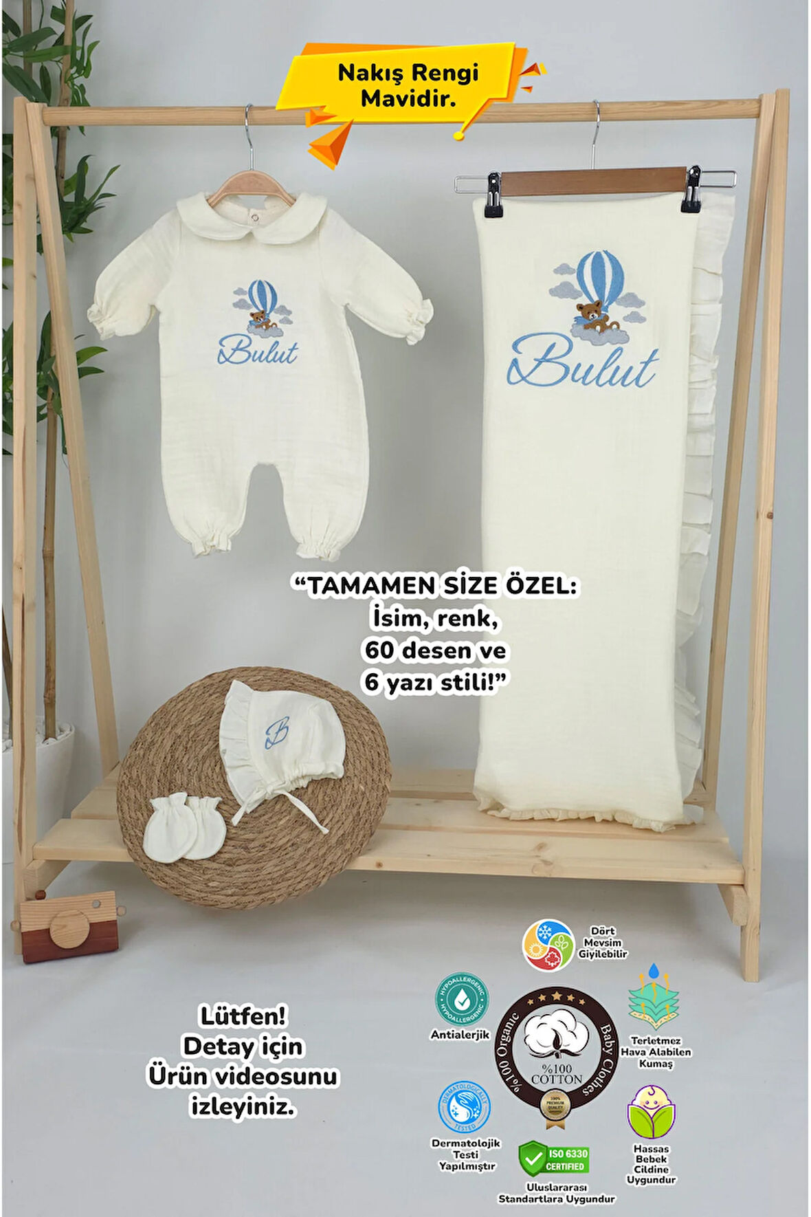Müslin Yeni Doğan 4Katlı Organik %100Pamuk Kişiye Özgü Nakışlı Hastane Çıkış Seti (Ayıcık Model-3)