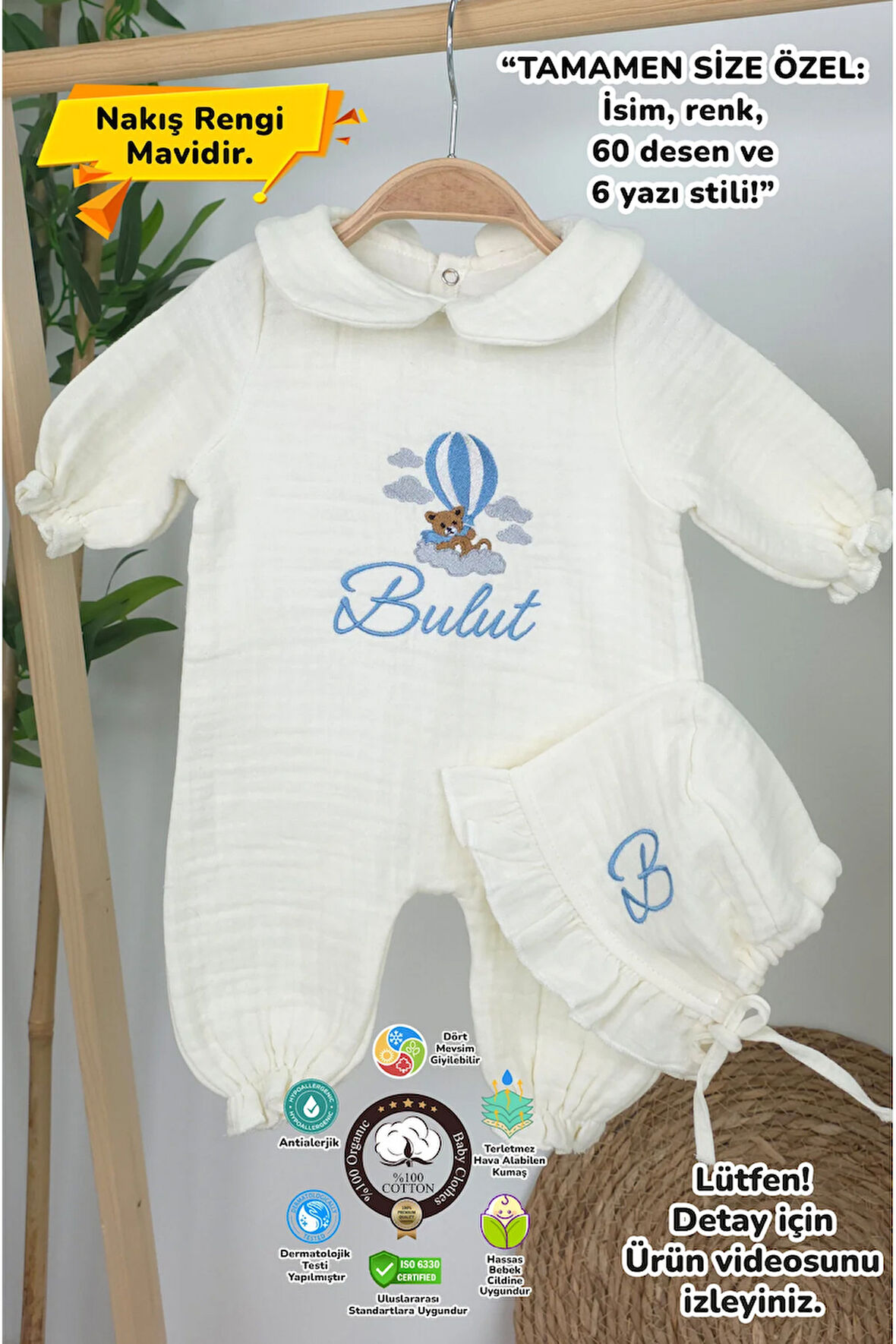 Müslin Yeni Doğan 4Katlı Organik %100Pamuk Kişiye Özgü Nakışlı Hastane Çıkış Seti (Ayıcık Model-3)