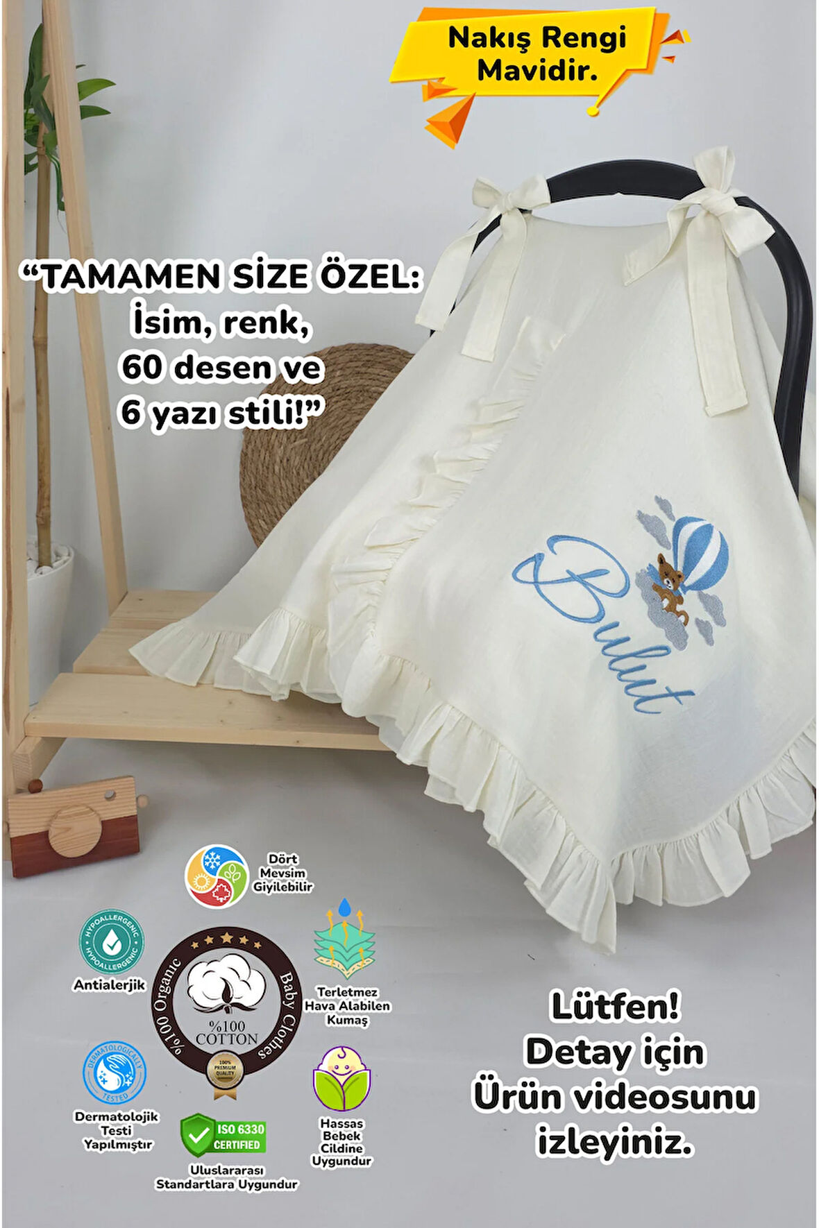 Müslin Yeni Doğan 4Katlı Organik %100Pamuk Kişiye Özgü Nakışlı Hastane Çıkış Seti (Ayıcık Model-3)