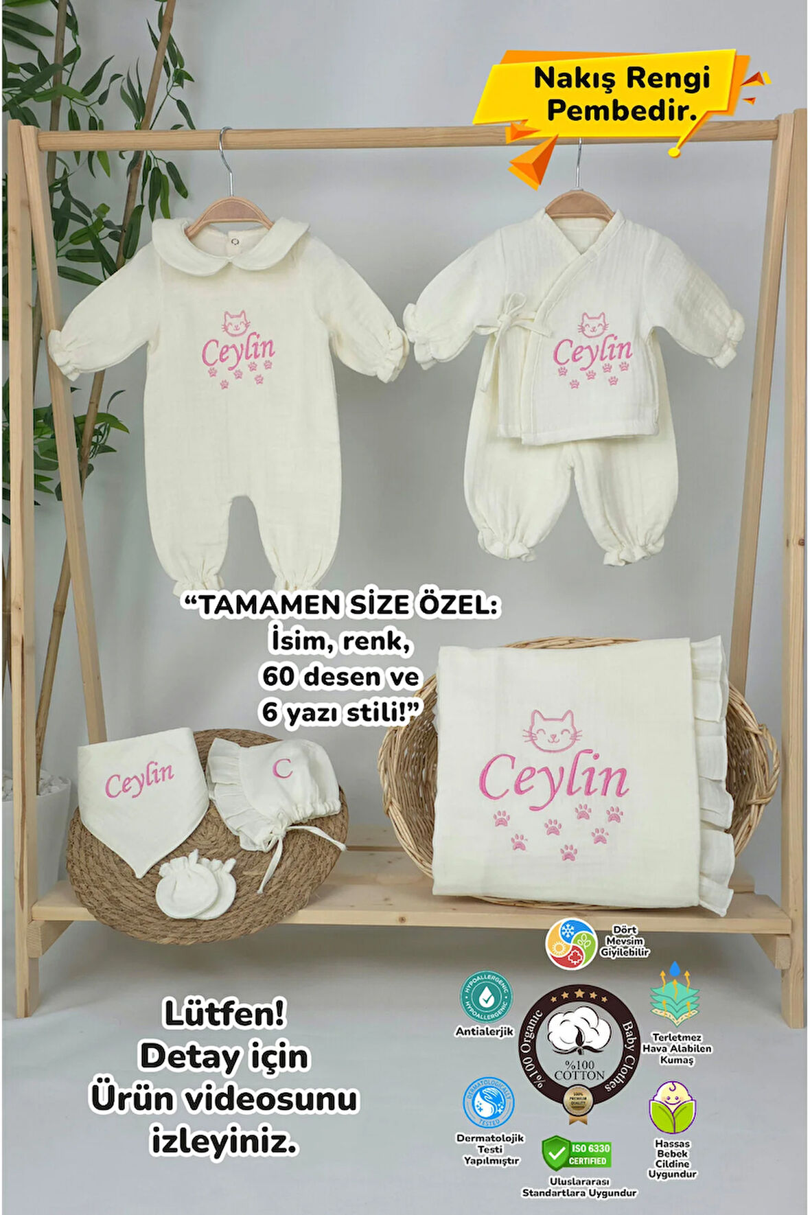 Müslin Yeni Doğan 4Katlı Organik %100Pamuk Kişiye Özgü Nakışlı Hastane Çıkış Seti (Kedi Patisi)