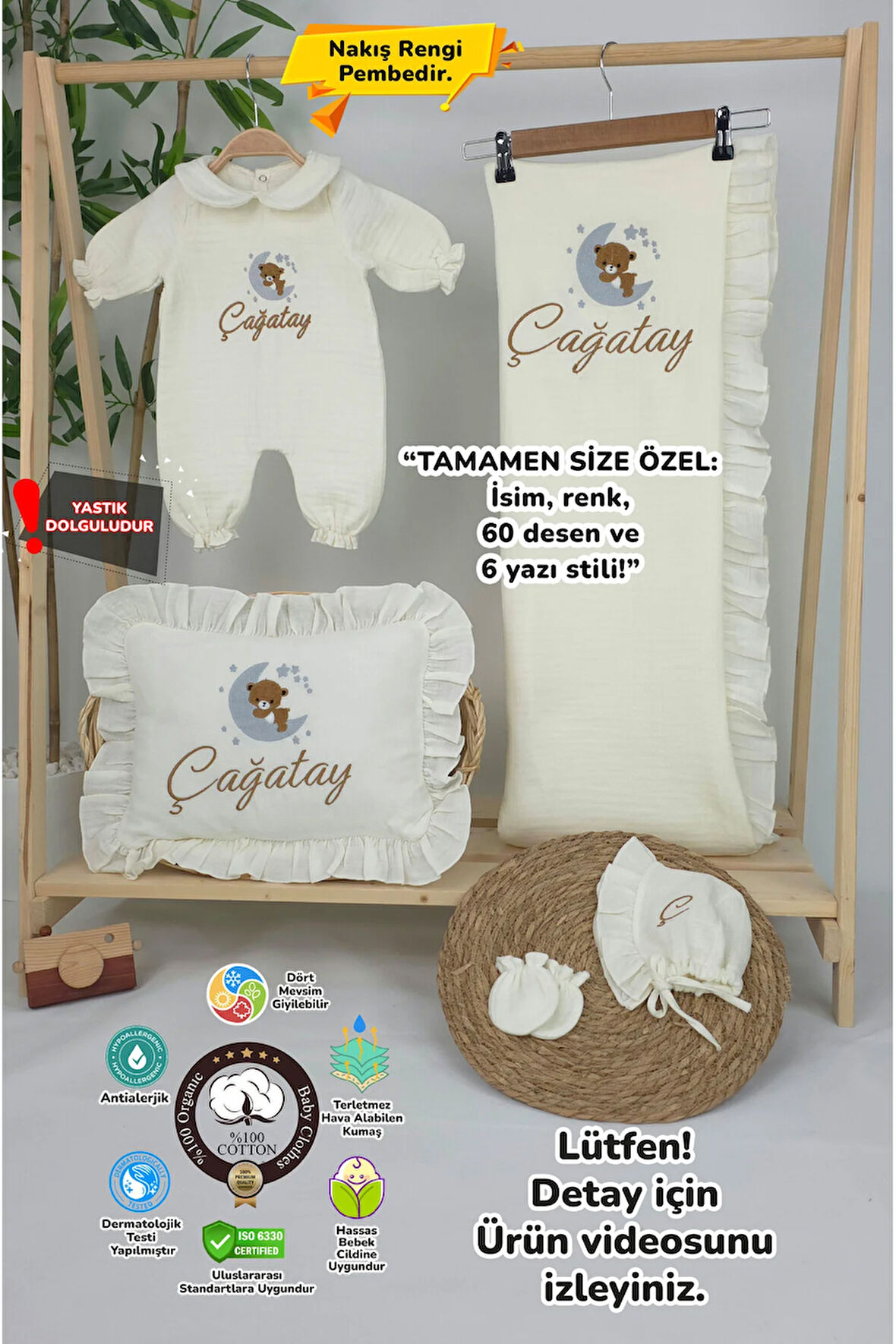 Müslin Yeni Doğan 4Katlı Organik %100Pamuk Kişiye Özgü Nakışlı Hastane Çıkış Seti (Ayıcık Model 4)