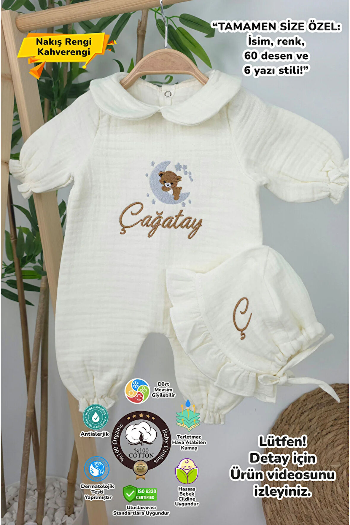 Müslin Yeni Doğan 4Katlı Organik %100Pamuk Kişiye Özgü Nakışlı Hastane Çıkış Seti (Ayıcık Model 4)