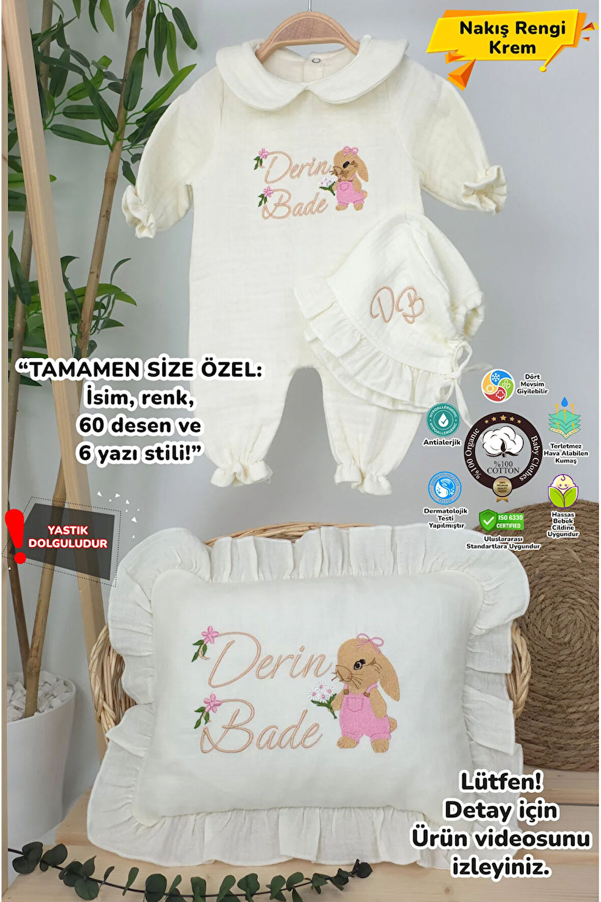 Müslin Yeni Doğan 4Katlı Organik %100Pamuk Kişiye Özgü Nakışlı Hastane Çıkış Seti(Tavşan Model-3)