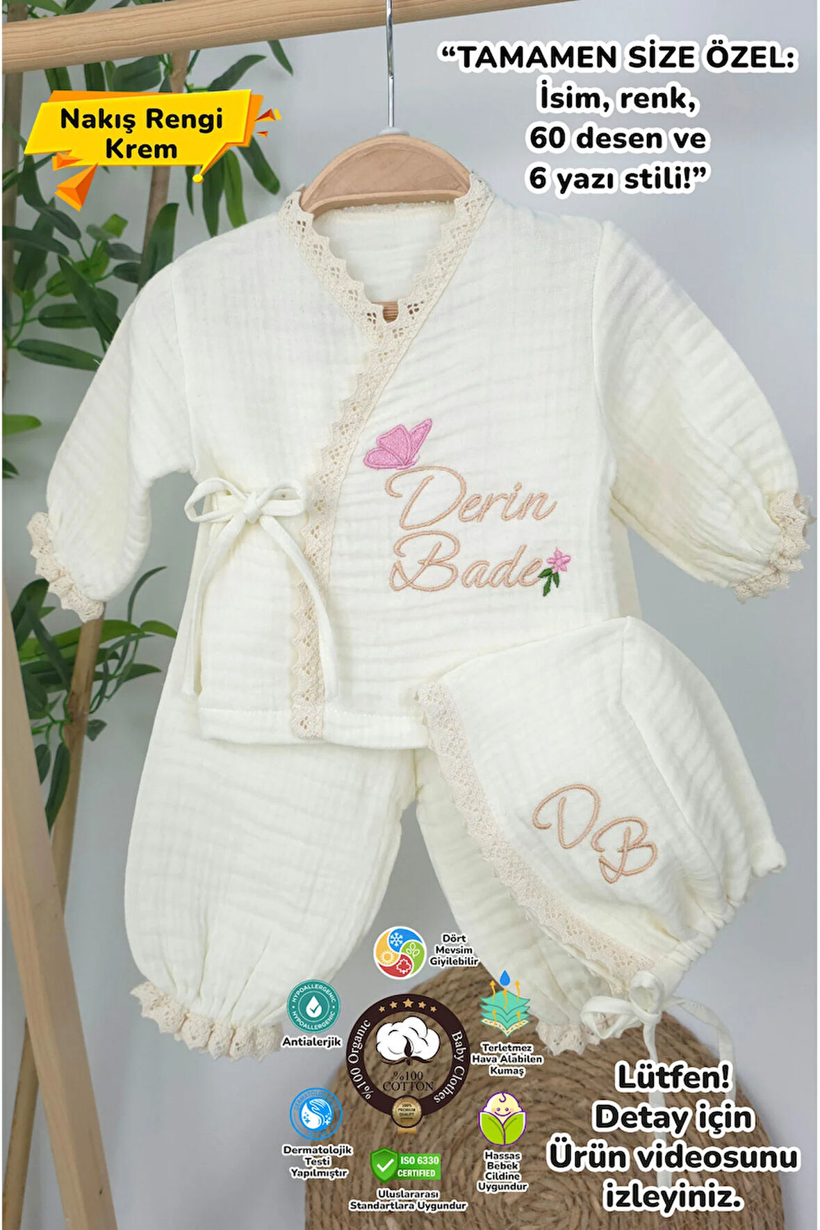 Müslin Yeni Doğan 4Katlı Organik %100Pamuk Kişiye Özgü Nakışlı Hastane Çıkış Seti(Tavşan Model-3)