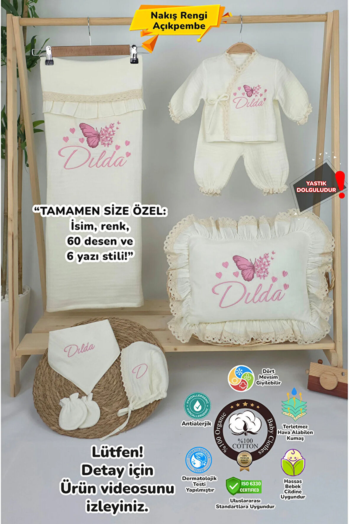 Müslin Yeni Doğan 4Katlı Organik %100Pamuk Kişiye Özgü Nakışlı Hastane Çıkış Seti (Çoklu Kelebek-3)