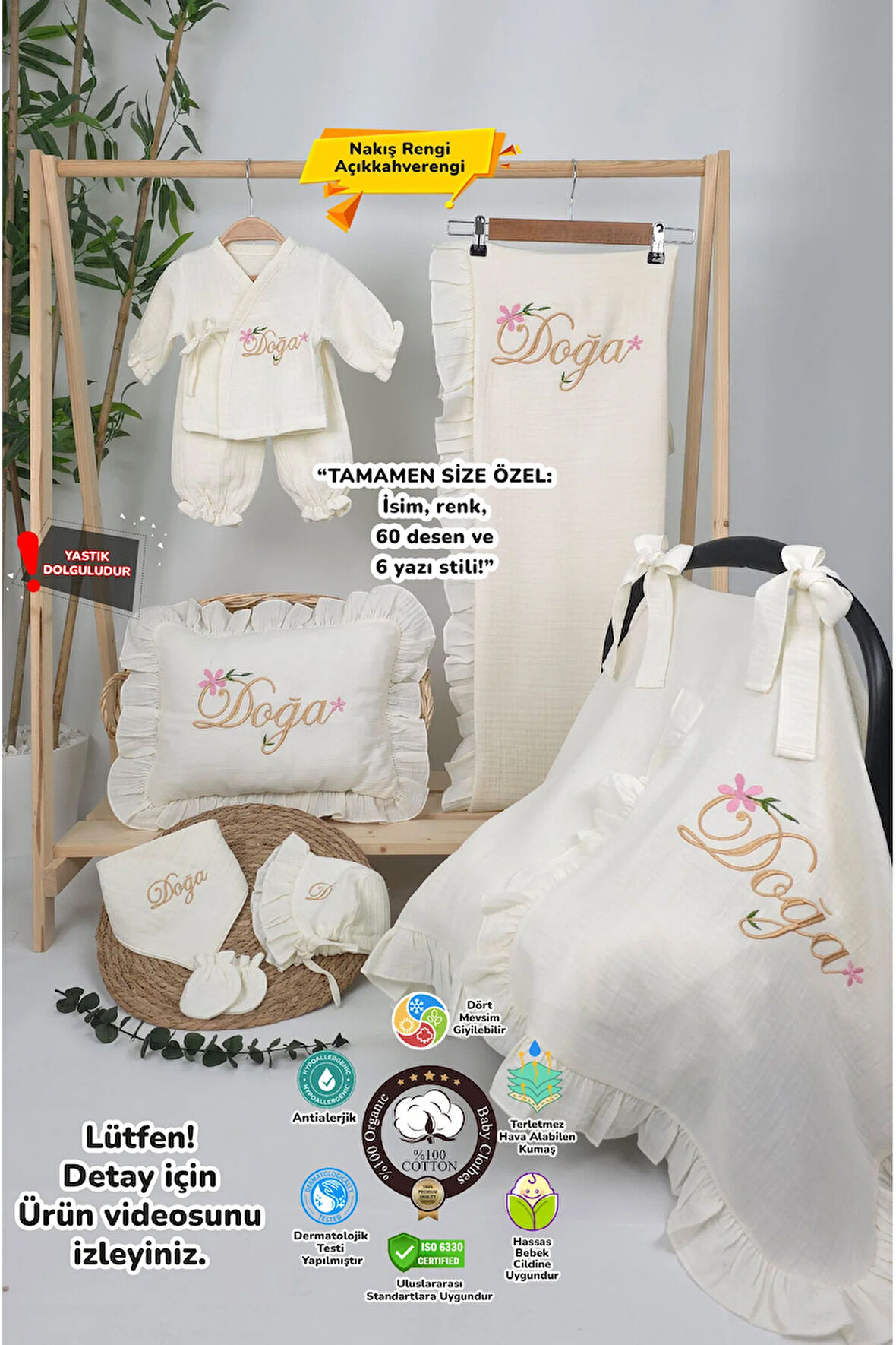 Müslin Yeni Doğan 4Katlı Organik %100Pamuk Kişiye Özgü Nakışlı Hastane Çıkış Seti(Çiçekli Model-1)