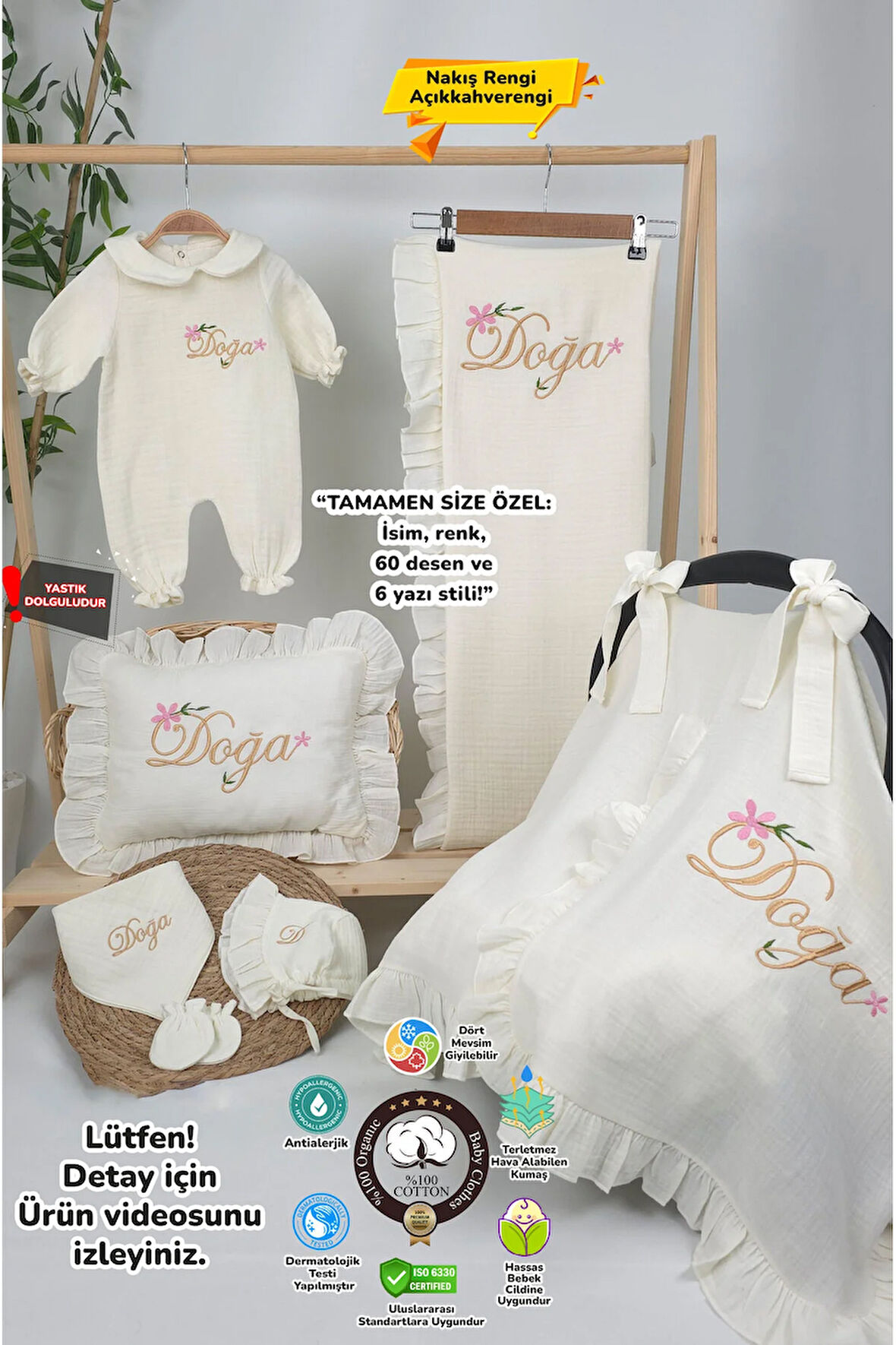 Müslin Yeni Doğan 4Katlı Organik %100Pamuk Kişiye Özgü Nakışlı Hastane Çıkış Seti(Çiçekli Model-1)