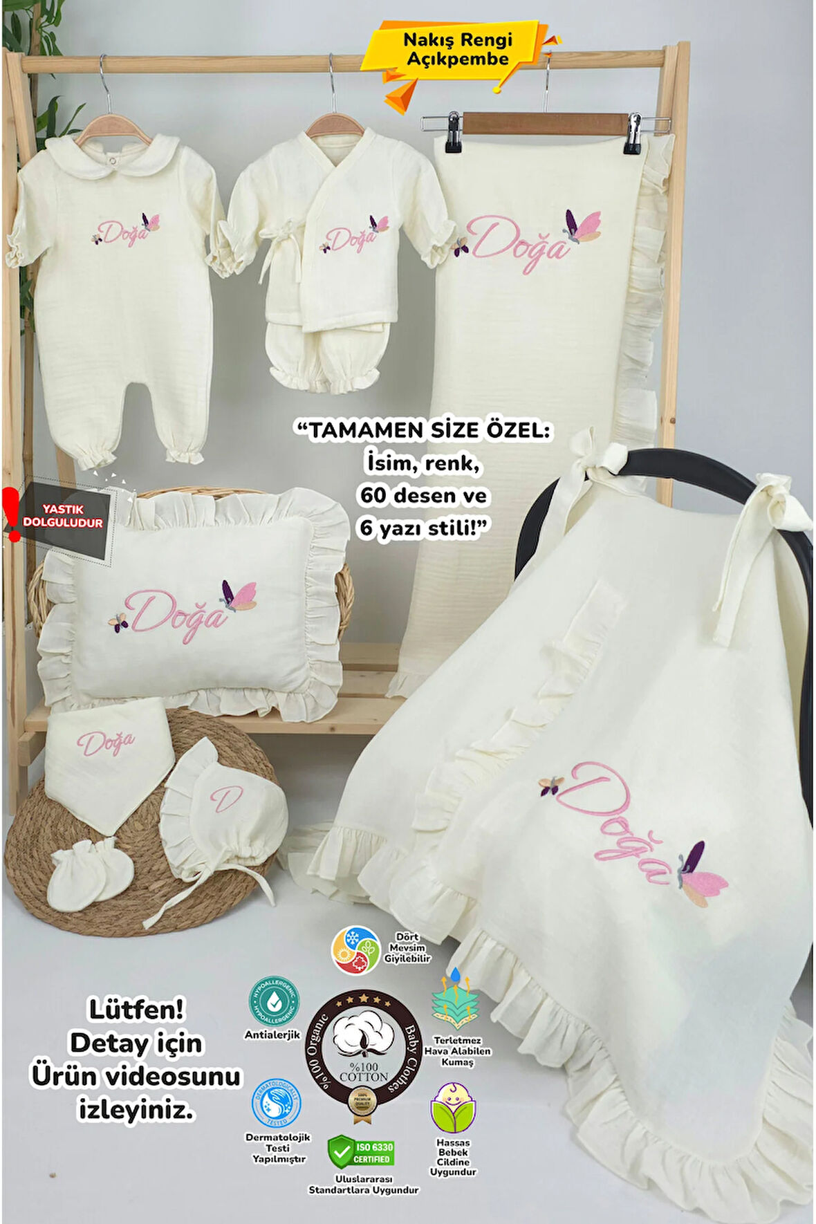 Müslin Yeni Doğan 4Katlı Organik %100Pamuk Kişiye Özgü Nakışlı Hastane Çıkış Seti (Kelebek Model-1)