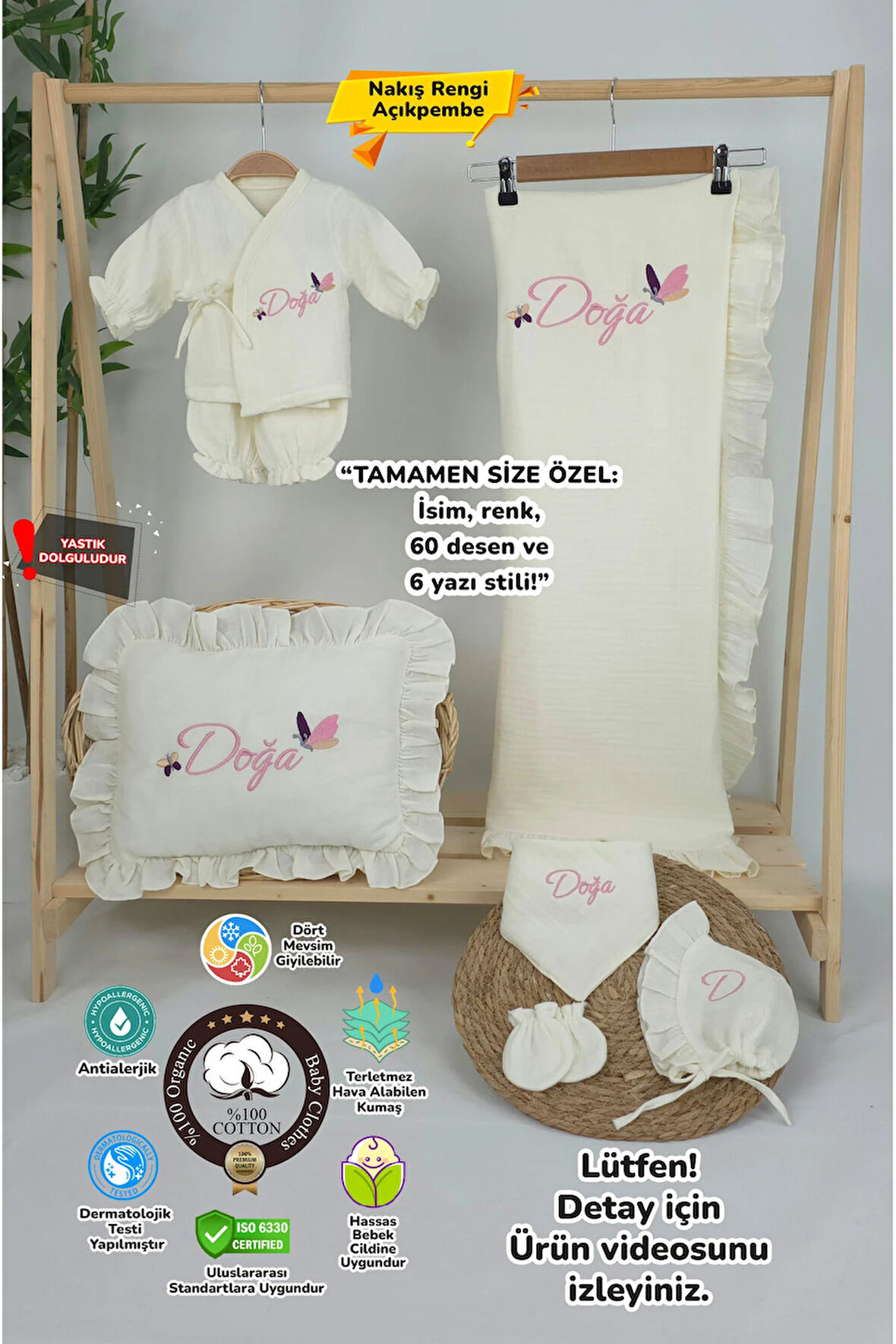 Müslin Yeni Doğan 4Katlı Organik %100Pamuk Kişiye Özgü Nakışlı Hastane Çıkış Seti (Kelebek Model-1)