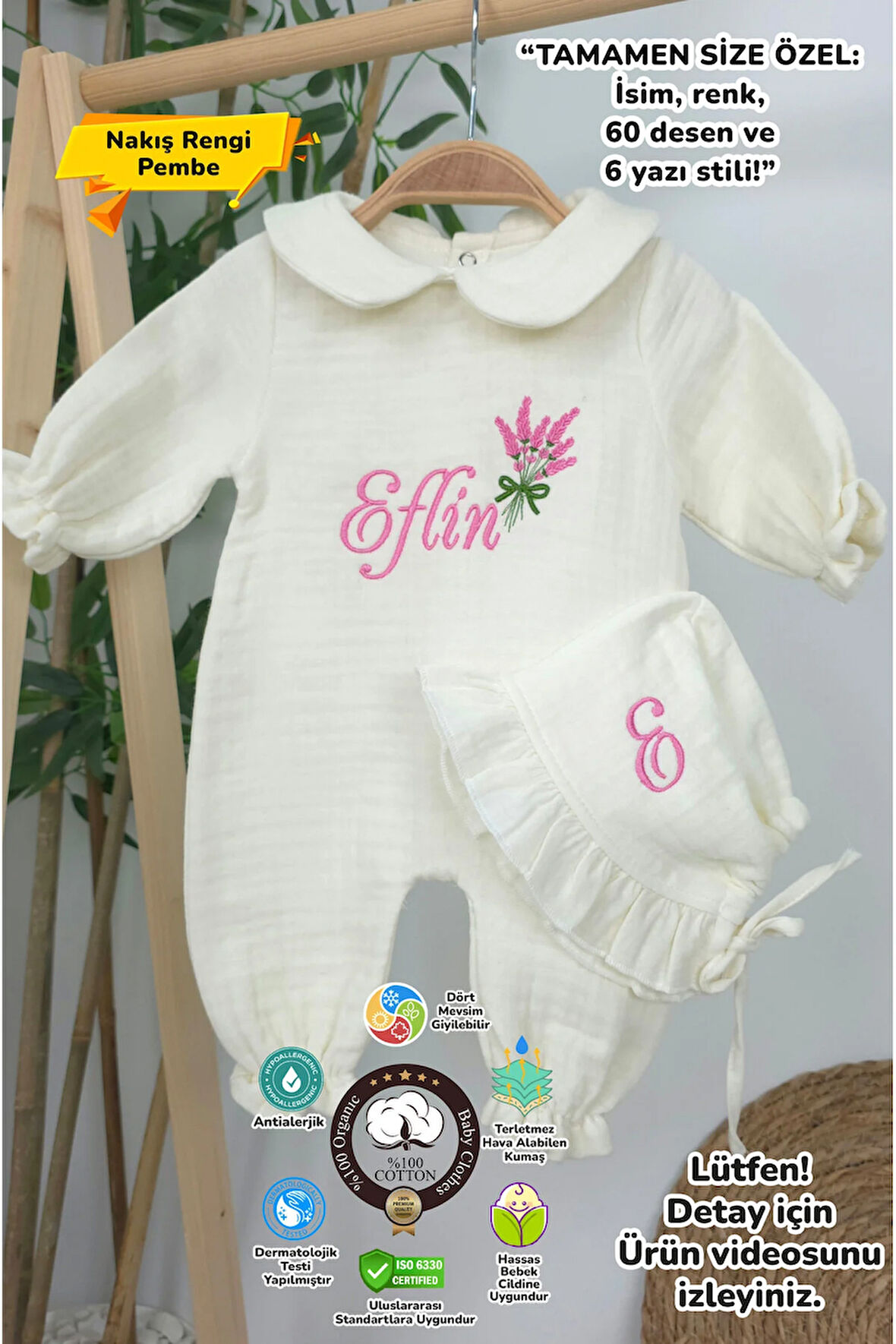 Müslin Yeni Doğan 4Katlı Organik %100Pamuk Kişiye Özgü Nakışlı Hastane Çıkış Seti (Lavanta Modeli)