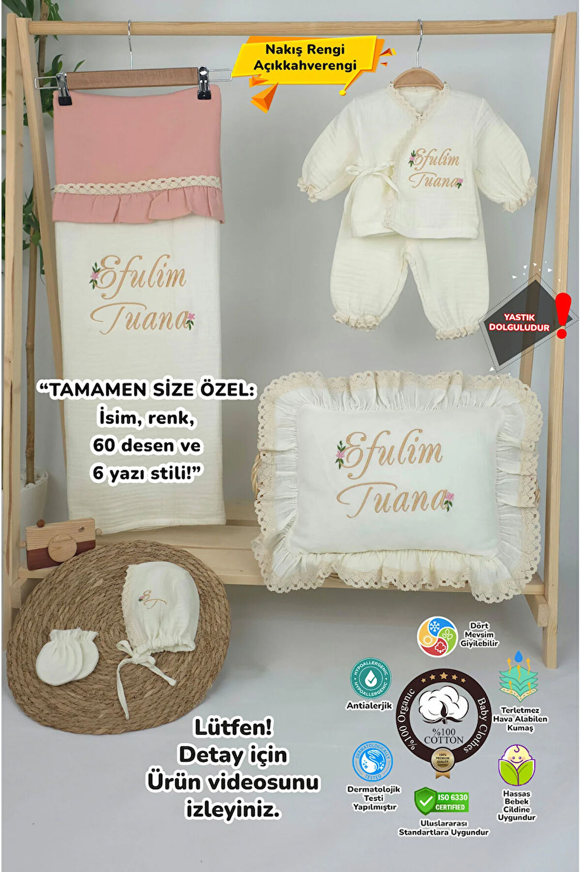 Müslin Yeni Doğan 4Katlı Organik %100Pamuk Kişiye Özgü Nakışlı Hastane Çıkış Seti (Papatya Model-6)