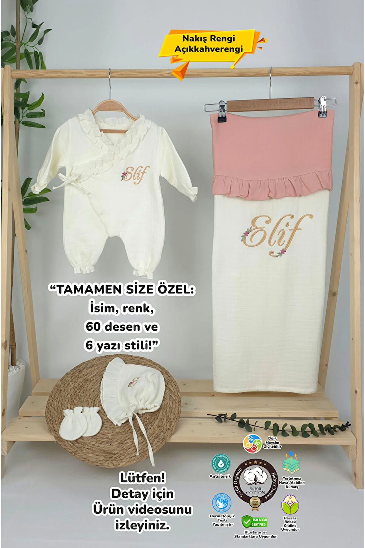 Müslin Yeni Doğan 4Katlı Organik %100Pamuk Kişiye Özgü Nakışlı Hastane Çıkış Seti (Papatya Model-7)