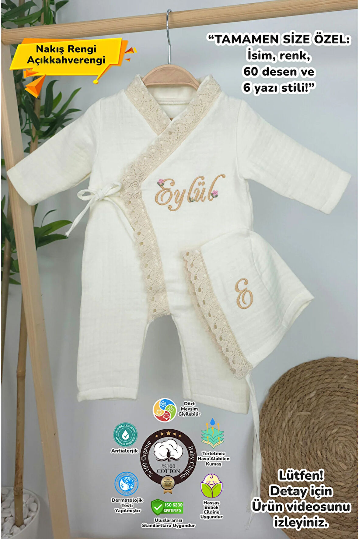 Müslin Yeni Doğan 4Katlı Organik %100Pamuk Kişiye Özgü Nakışlı Hastane Çıkış Seti (Kalpli Model-5)