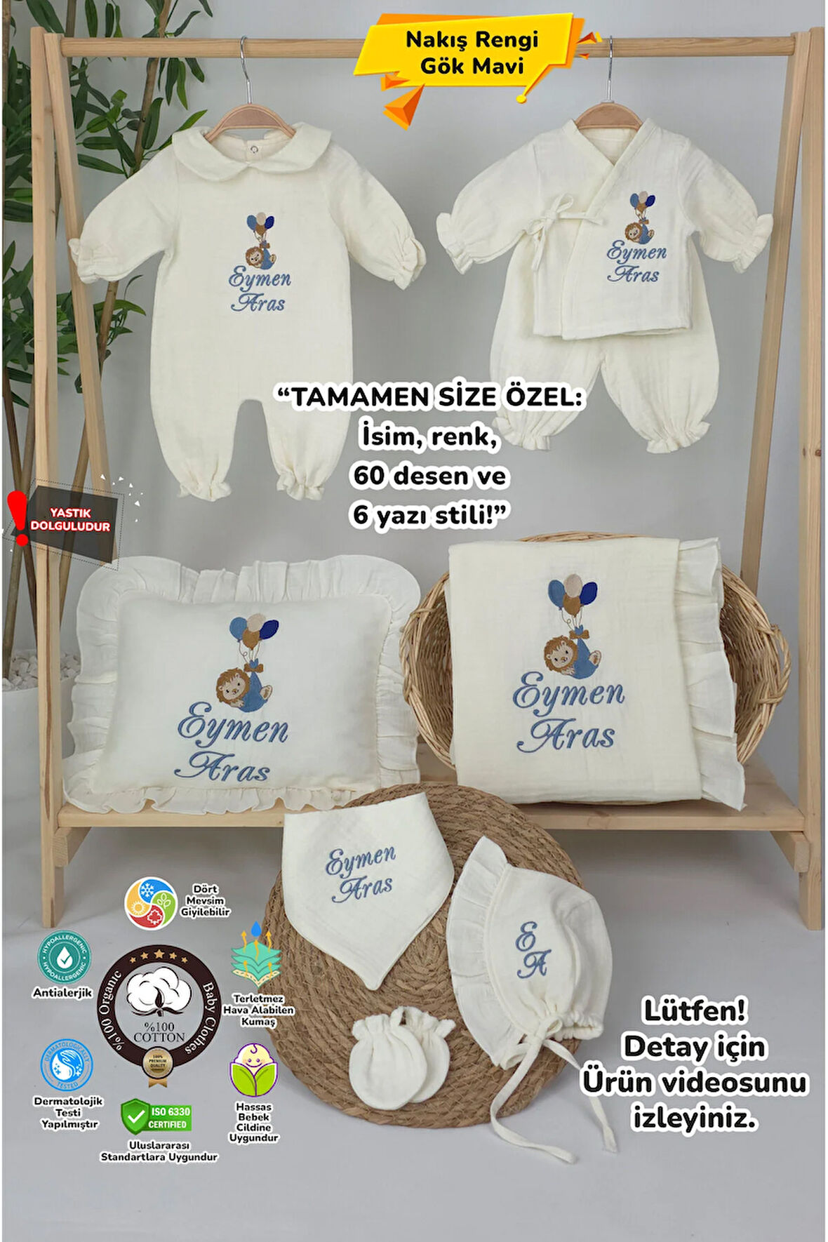 Müslin Yeni Doğan 4Katlı Organik %100Pamuk Kişiye Özgü Nakışlı Hastane Çıkış Seti (Balonlu Aslan-3)