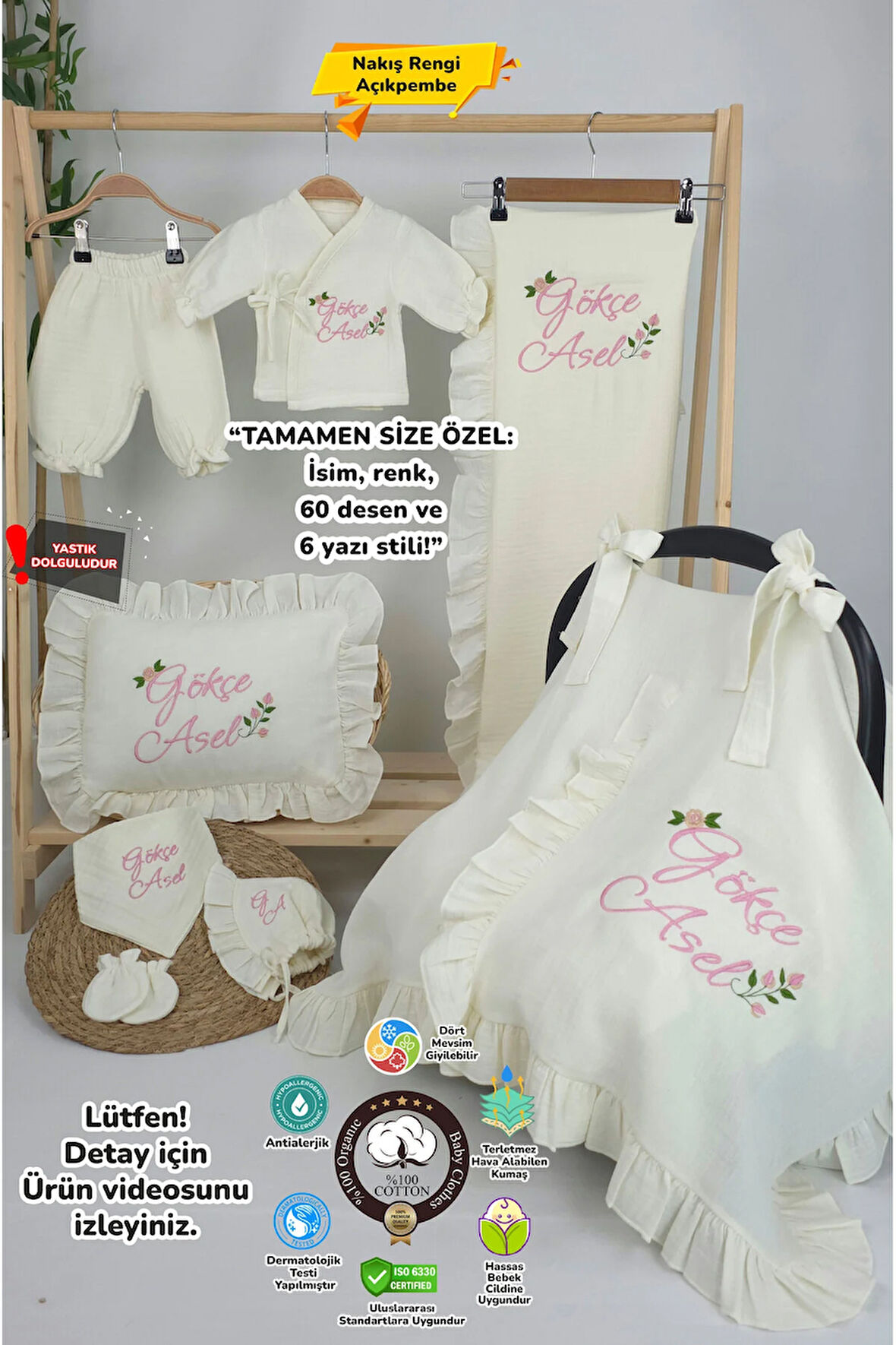 Müslin Yeni Doğan 4Katlı Organik %100Pamuk Kişiye Özgü Nakışlı Hastane Çıkış Seti (Güllü Model-2)