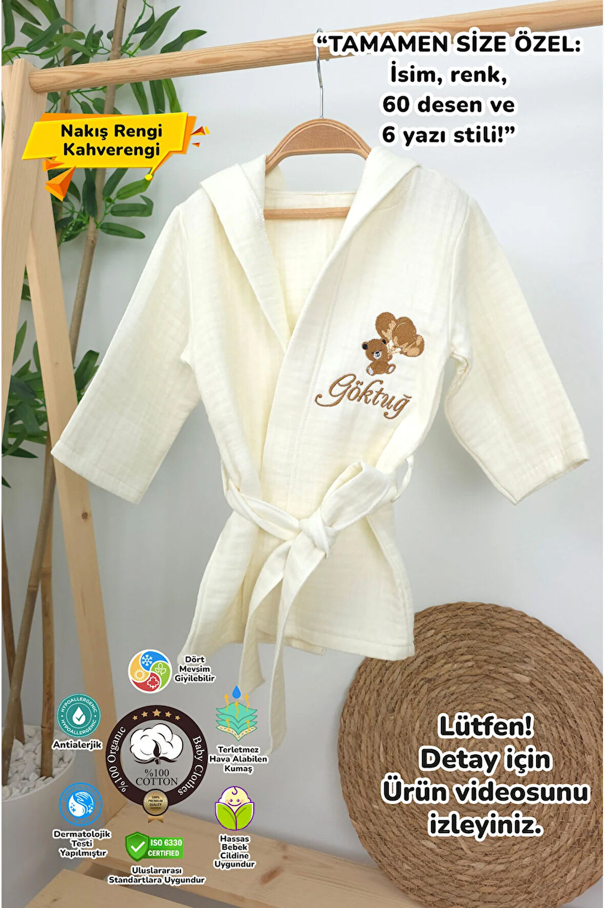 Müslin Yeni Doğan 4Katlı Organik %100Pamuk Kişiye Özgü Nakışlı 0-2 Yaş Bornoz (Ayıcıklı)