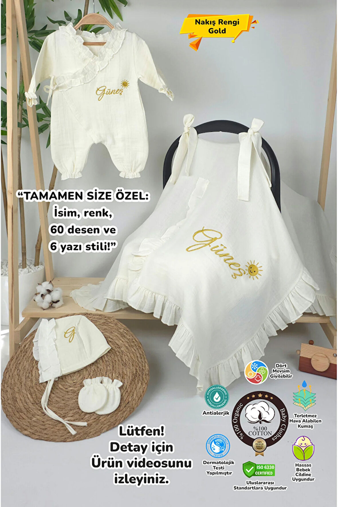 Müslin Yeni Doğan 4katlı Organik %100pamuk Kişiye Özgü Nakışlı Hastane Çıkış Seti (güneş Model-2)