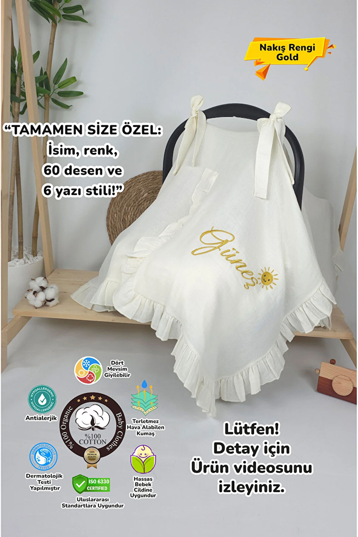 Müslin Yeni Doğan 4Katlı Organik %100Pamuk Kişiye Özgü Nakışlı Hastane Çıkış Seti (Güneş Model-2)