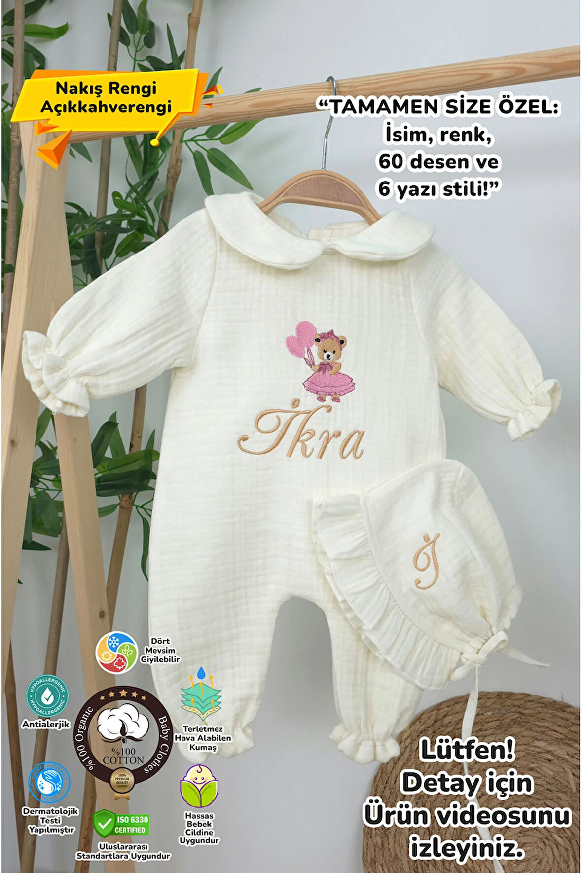 Müslin Yeni Doğan 4Katlı Organik %100Pamuk Kişiye Özgü Nakışlı Hastane Çıkış Seti (Ayıcık Model-5)