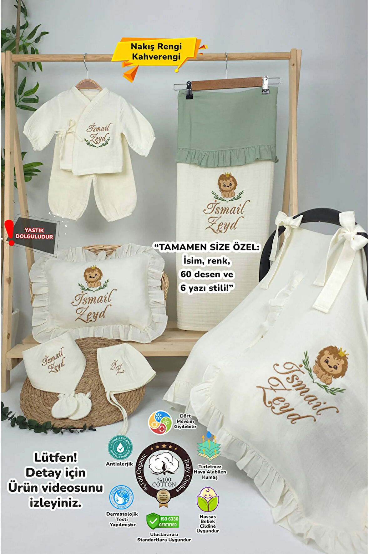 Müslin Yeni Doğan 4Katlı Organik %100Pamuk Kişiye Özgü Nakışlı Hastane Çıkış Seti (Aslan Model-2)