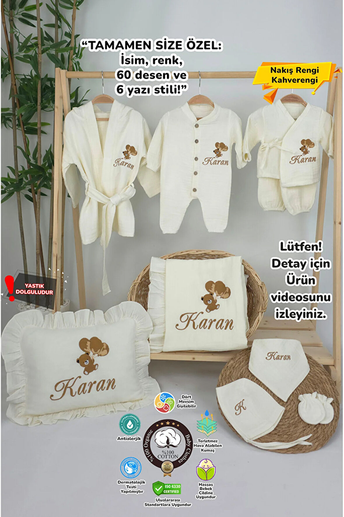 Müslin Yeni Doğan 4Katlı Organik %100Pamuk Kişiye Özgü Nakışlı Hastane Çıkış Seti (Ayıcık Model-6)