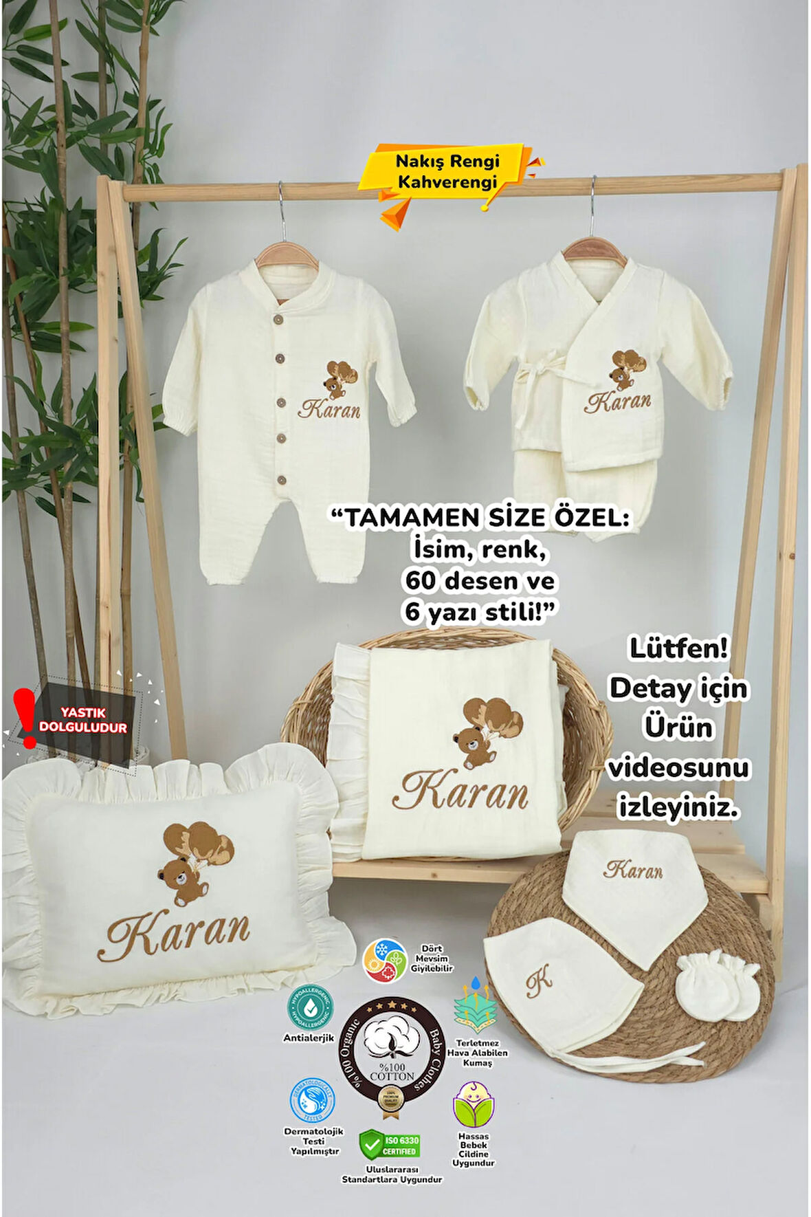 Müslin Yeni Doğan 4Katlı Organik %100Pamuk Kişiye Özgü Nakışlı Hastane Çıkış Seti (Ayıcık Model-6)