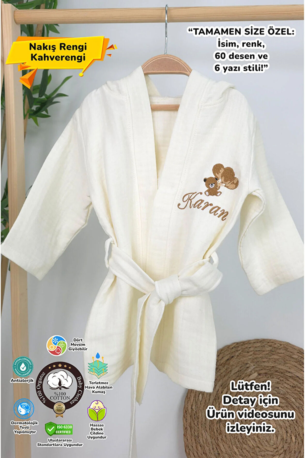 Müslin Yeni Doğan 4Katlı Organik %100Pamuk Kişiye Özgü Nakışlı Hastane Çıkış Seti (Ayıcık Model-6)