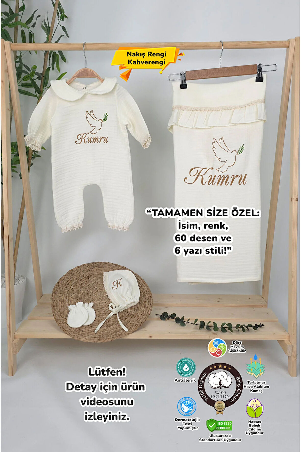 Müslin Yeni Doğan 4Katlı Organik %100Pamuk Kişiye Özgü Nakışlı Hastane Çıkış Seti (Kuş Model-2)