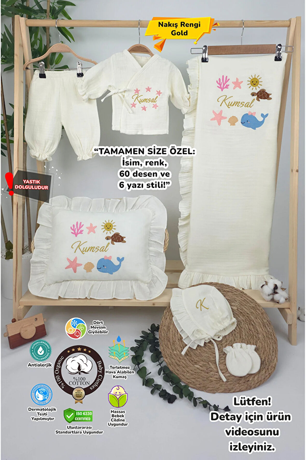 Müslin Yeni Doğan 4Katlı Organik %100Pamuk Kişiye Özgü Nakışlı Hastane Çıkış Seti(Okyanus Model-2)