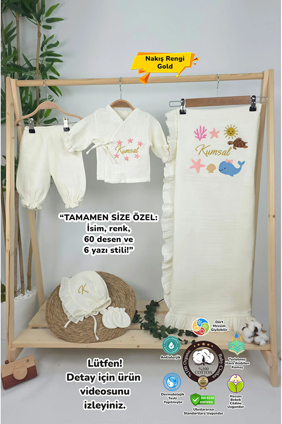 Müslin Yeni Doğan 4Katlı Organik %100Pamuk Kişiye Özgü Nakışlı Hastane Çıkış Seti(Okyanus Model-2)