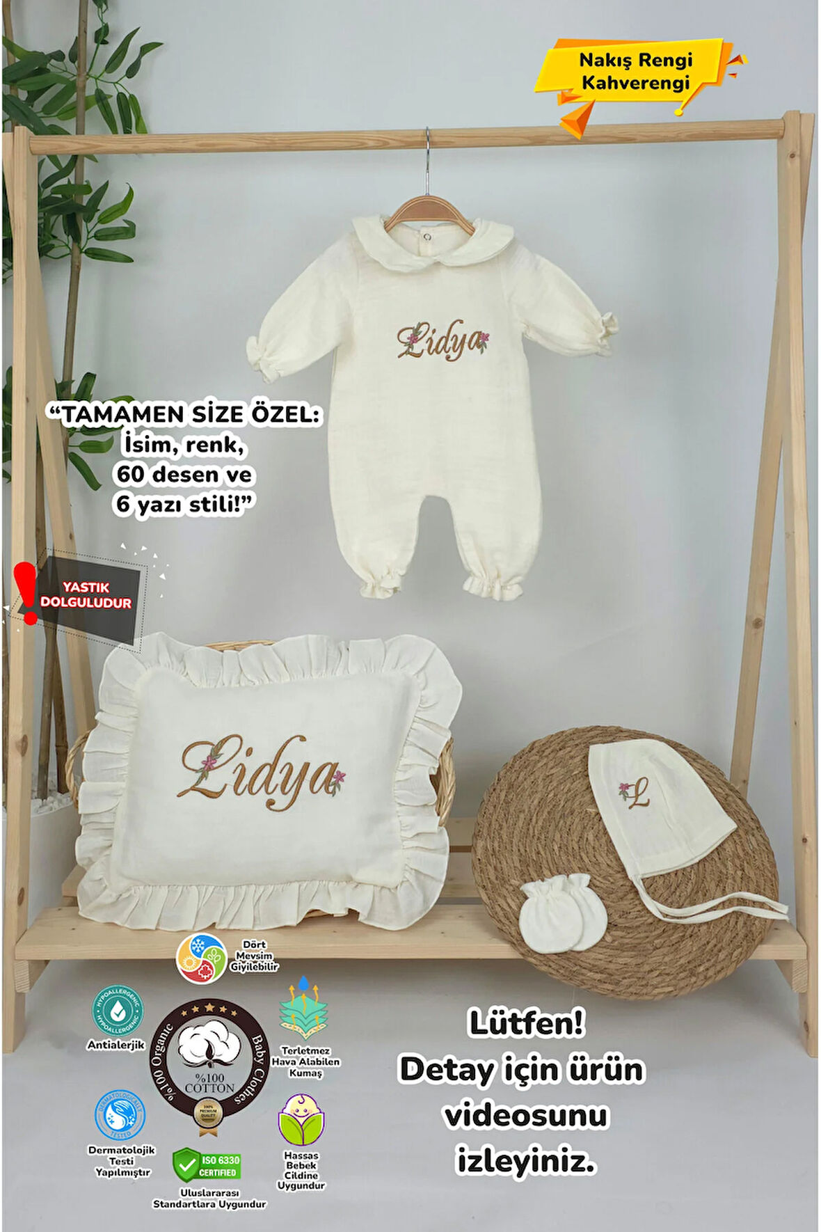 Müslin Yeni Doğan 4Katlı Organik %100Pamuk Kişiye Özgü Nakışlı Hastane Çıkış Seti (Papatya Model-9)